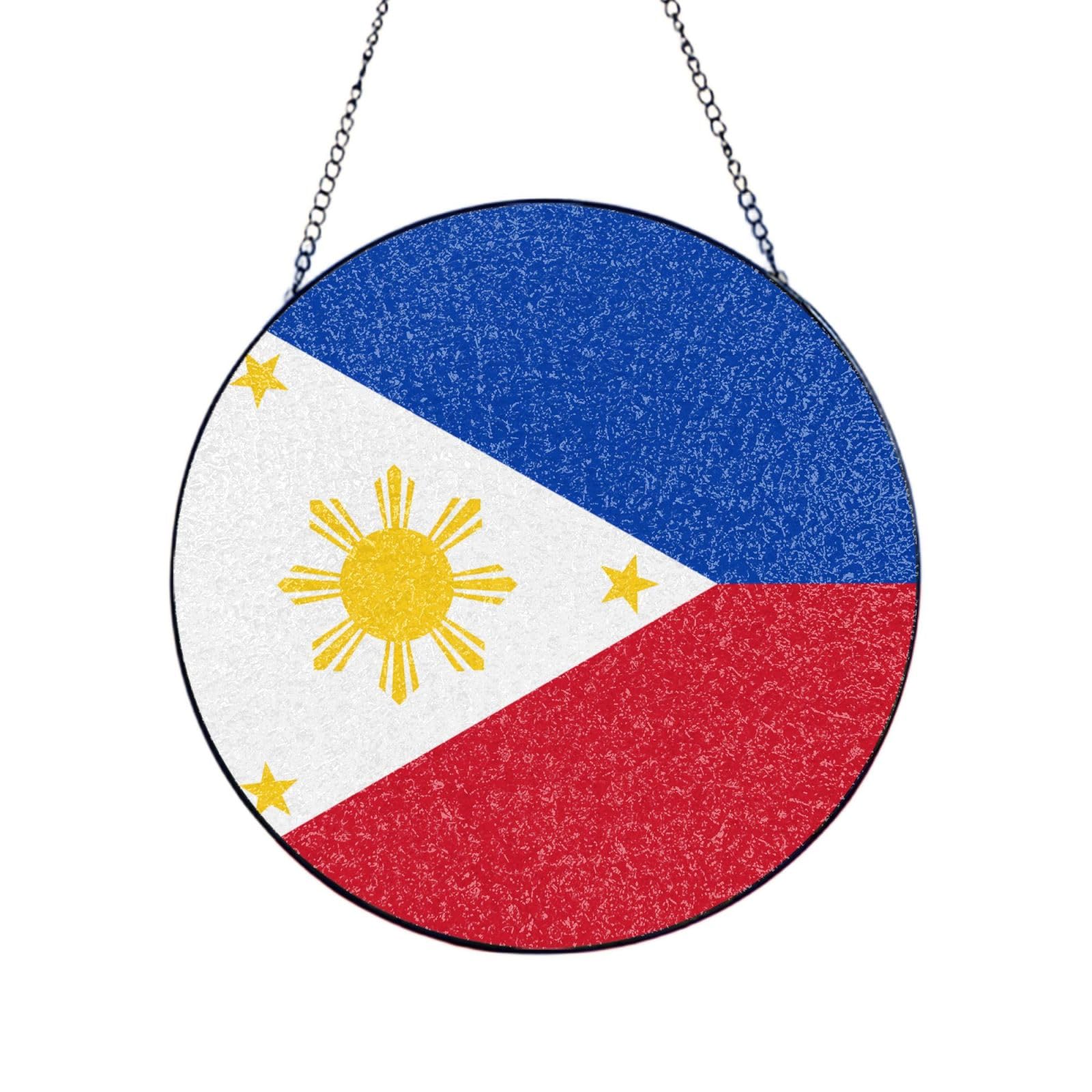 Phayah Philippine Flag Print Glass Window Hanging Round Suncatcher Glass Ornament Garden Wall Fence Decorations Indoor Outdoor 10in（25cm）