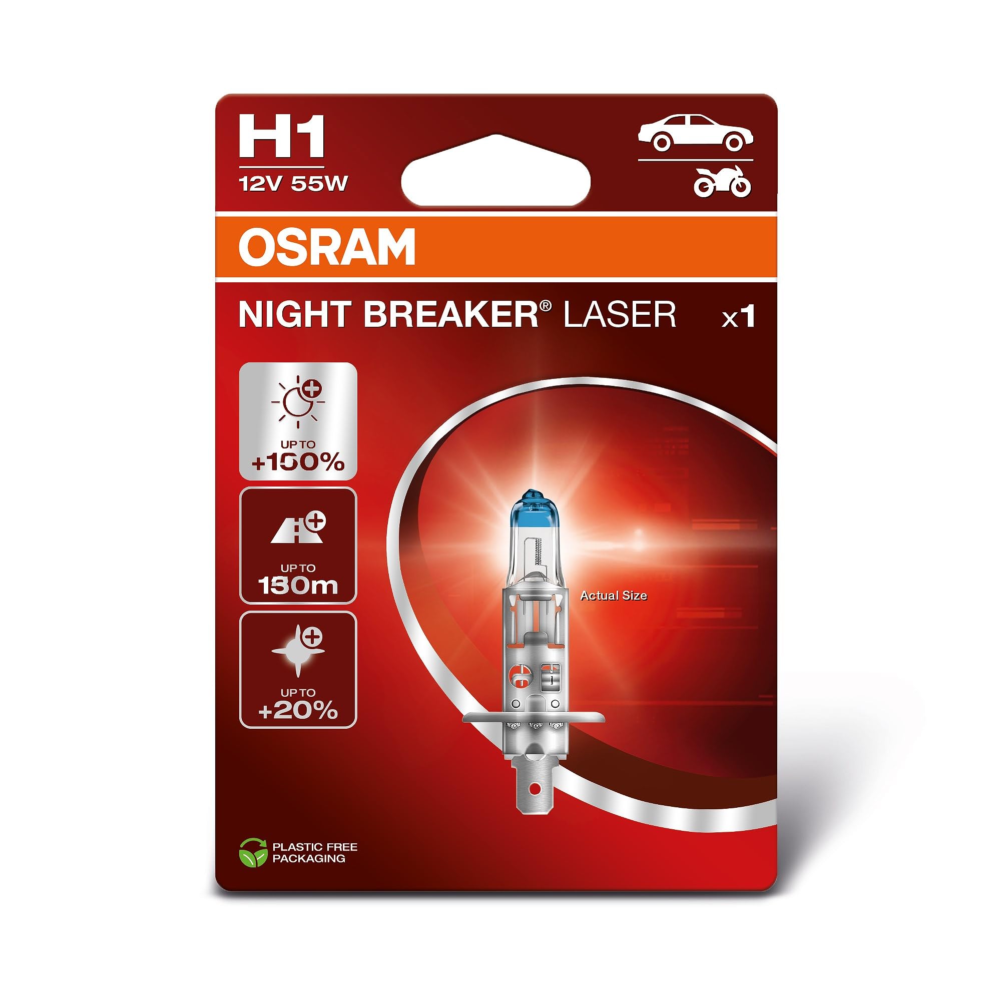 OSRAM NIGHT BREAKER LASER H1, +150% more brightness, halogen headlight lamp, 64150NL-1BL, 12V, blister (1 lamp)