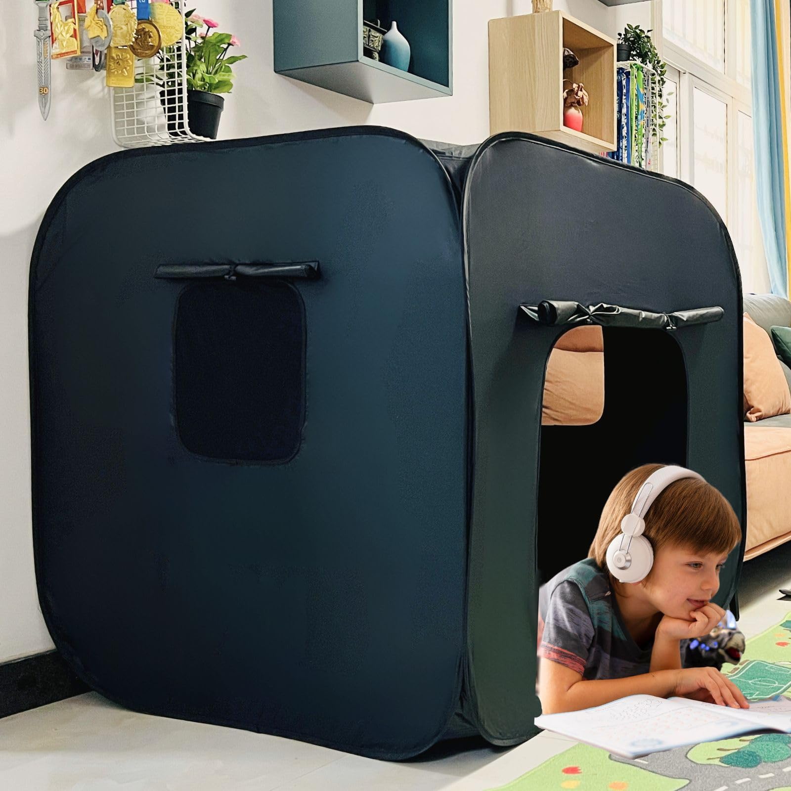lukidoki Sensory Tent for Kids with Autism, ADHD, SPD - CPC Certification Black Out Calm Corner Hideout Den Helps Children Adults Relax Reduce Anxiety - Pop-up Autistic Sensory Room Play Tent