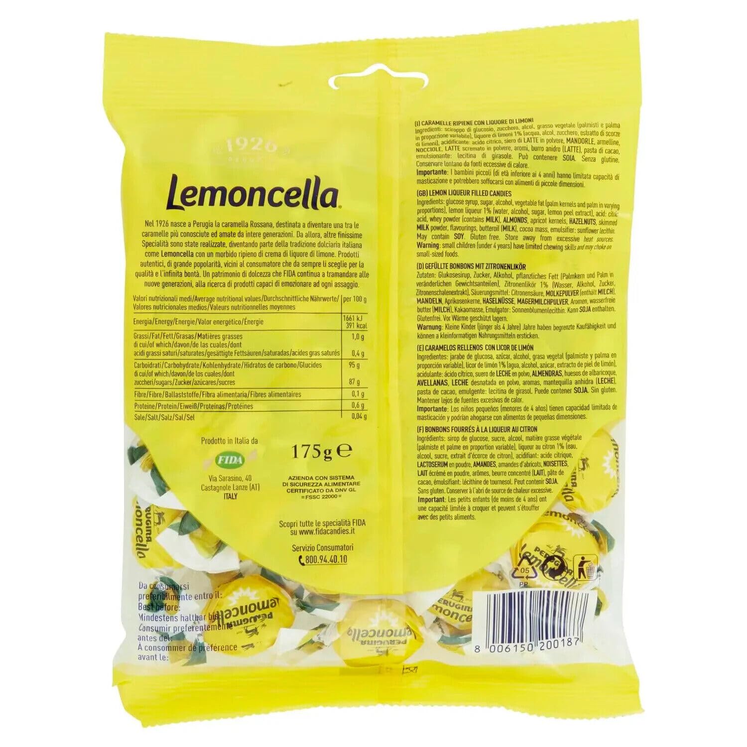12er-Pack Fida Perugia Lemoncella,Bonbons gefüllte mit Zitronenlikör,175g Beutel + Beni Culinari Kostenloser Schlüsselanhänger