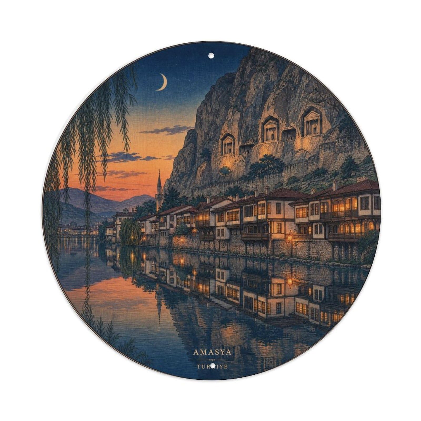 Amasya Turkey Riverside Heritage Travel Woodblock Style Metal Tin Sign