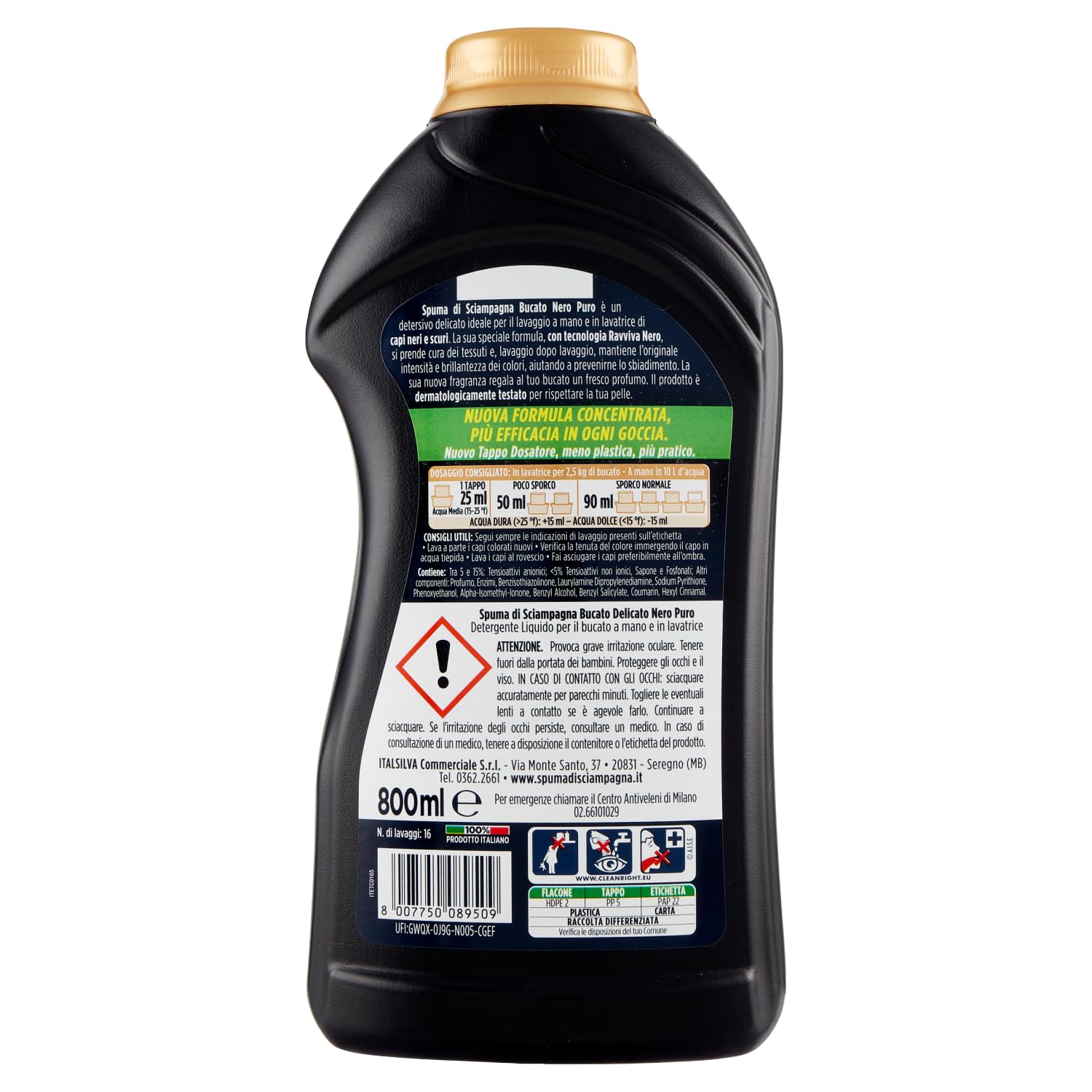8 X Spuma Di Sciampagna Detersivo Nero Puro – Detersivo liquido con formula concentrata ideale per capi neri scuri 16 lavaggi 800 ml + portachiavi Beni Culinari