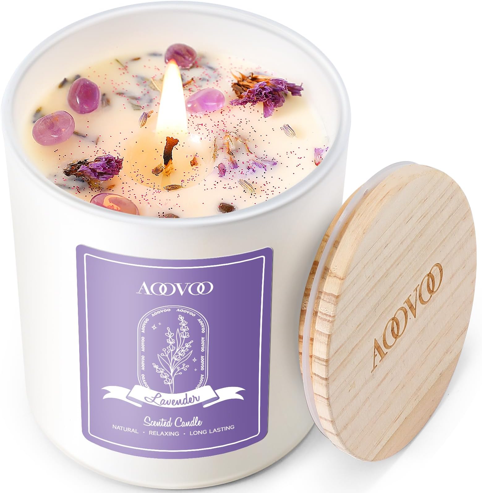 AOOVOO Lavender Scented Candles for Women - Aromatherapy Candle with Crystals Inside, 10oz Soy Candles for Home Scented, Birthday Gifts Mothers Day Candle for Women Mom