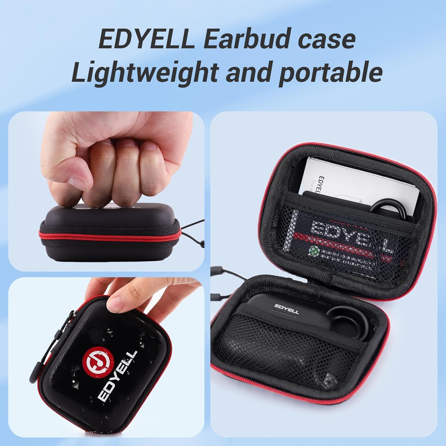 Sarung fon telinga EDYELL, ringan dan mudah alih, ditunjukkan sedang dipegang, dibuka dan dilekatkan pada beg.