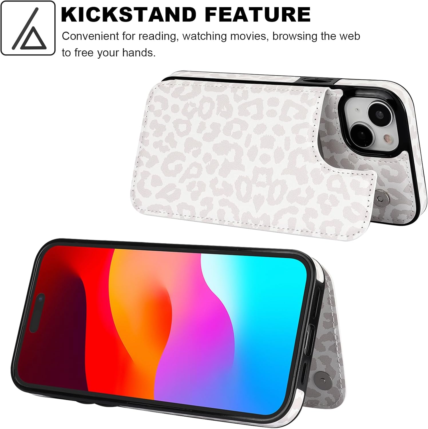 HAOPINSH iPhone 15 Plus Case Wallet - Flip Folio PU Leather Kickstand Card Slots Case for Women Girls, Double Magnetic Clasp, White Leopard Cheetah Pattern, 6.7 - Image 5