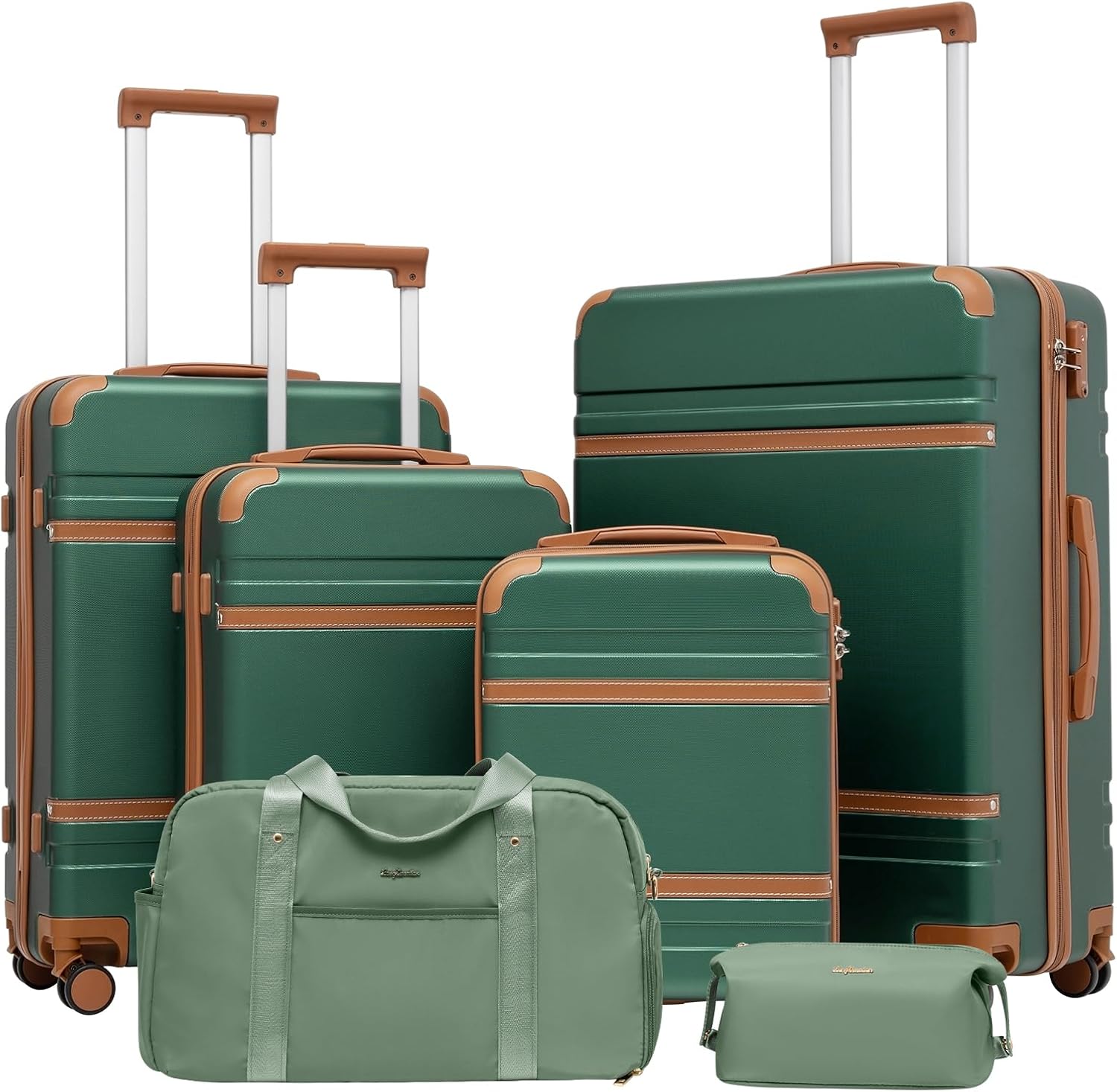 LONG VACATION Luggage Set 4 Piece Luggage ABS Carry on Suitcase Hardside Luggage with TSA Lock Spinner Wheels Travel Bag(Green Brown, 6 piece set)