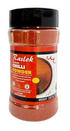 Raslok Pure Kashmiri Chilli Powder - 3.52oz Deggi Mirch, Low Heat | Shaker Top PET Jar | Authentic Indian Spice | All Natural | Salt-Free | Indian Origin |