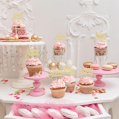 Miniatura 6 de 24 piezas de decoración de cupcakes de cumpleaños con purpurina dorada para cupcakes de cumpleaños, para celebrar fiestas de cumpleaños, suministros