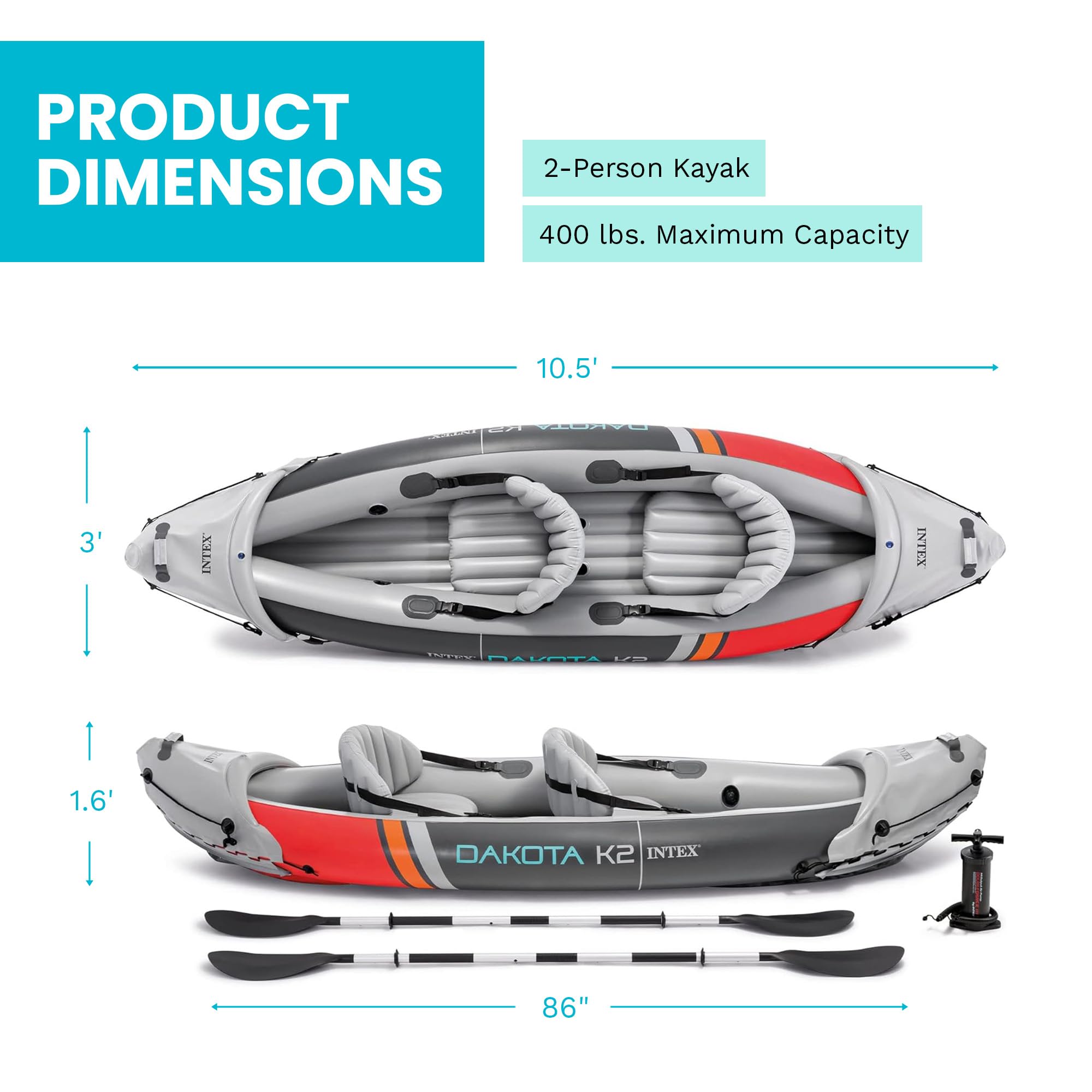 Intex 68310VM Dakota K2 - Kayak gonflable en vinyle résistant pour 2 personnes avec rames de 200 cm et pompe à air, gris et rouge