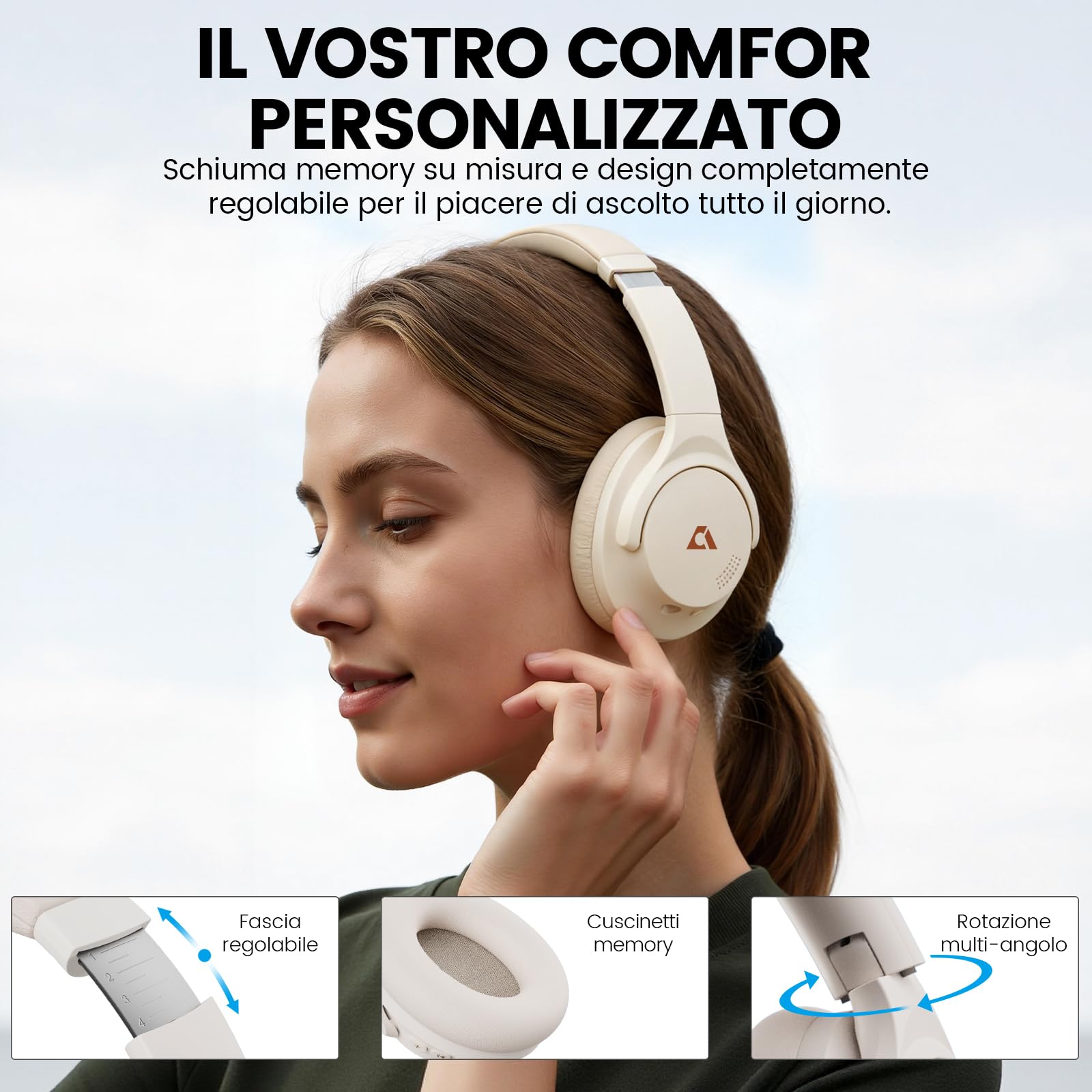 1Mii Y8+ Cuffie Bluetooth 6.0 Over-Ear con Cancellazione Rumore Attiva Ibrida, 100 Ore di Autonomia, Wireless Hi-Res Audio e bassi potenti, EQ Personalizzabile con App, Comfortevoli, Grandi, Beige