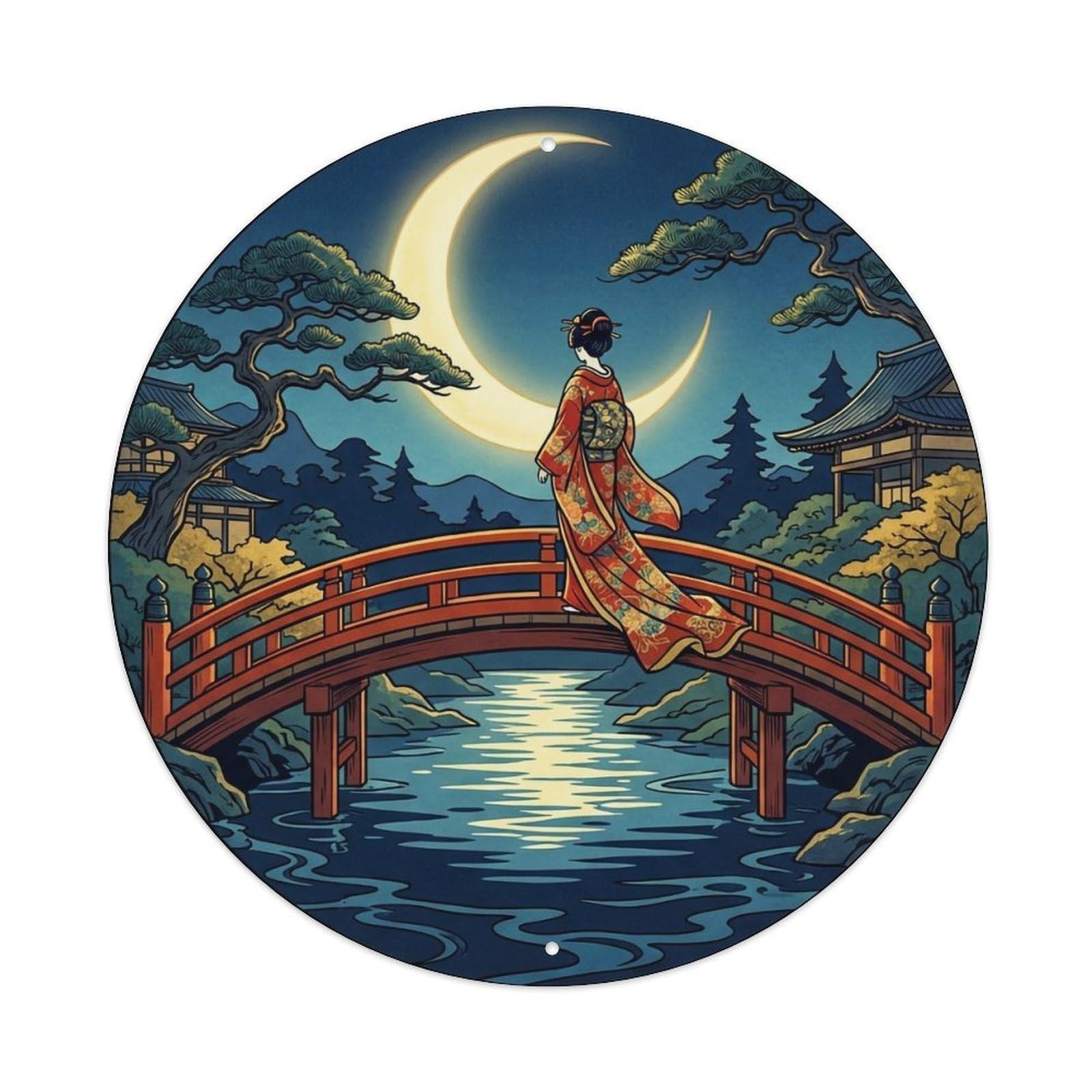 Yrnq 8X8inch Vintage Style Japanese Moonlight Bridge Geisha Crossing Metal Tin Sign