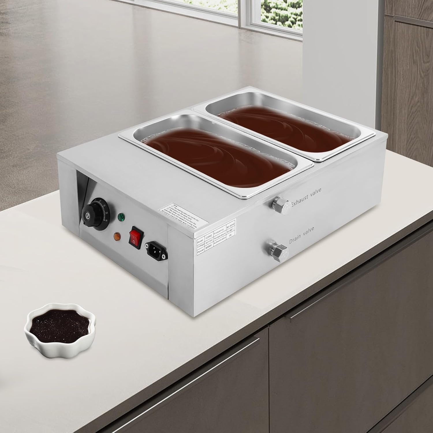 600w Professional 2 Tanks Stainless Steel Chocolate Melting Machine with Lid, 17.64 Lbs Capacity Adjustable Temperature Electric Chocolate Melter for Restaurants, Hotels