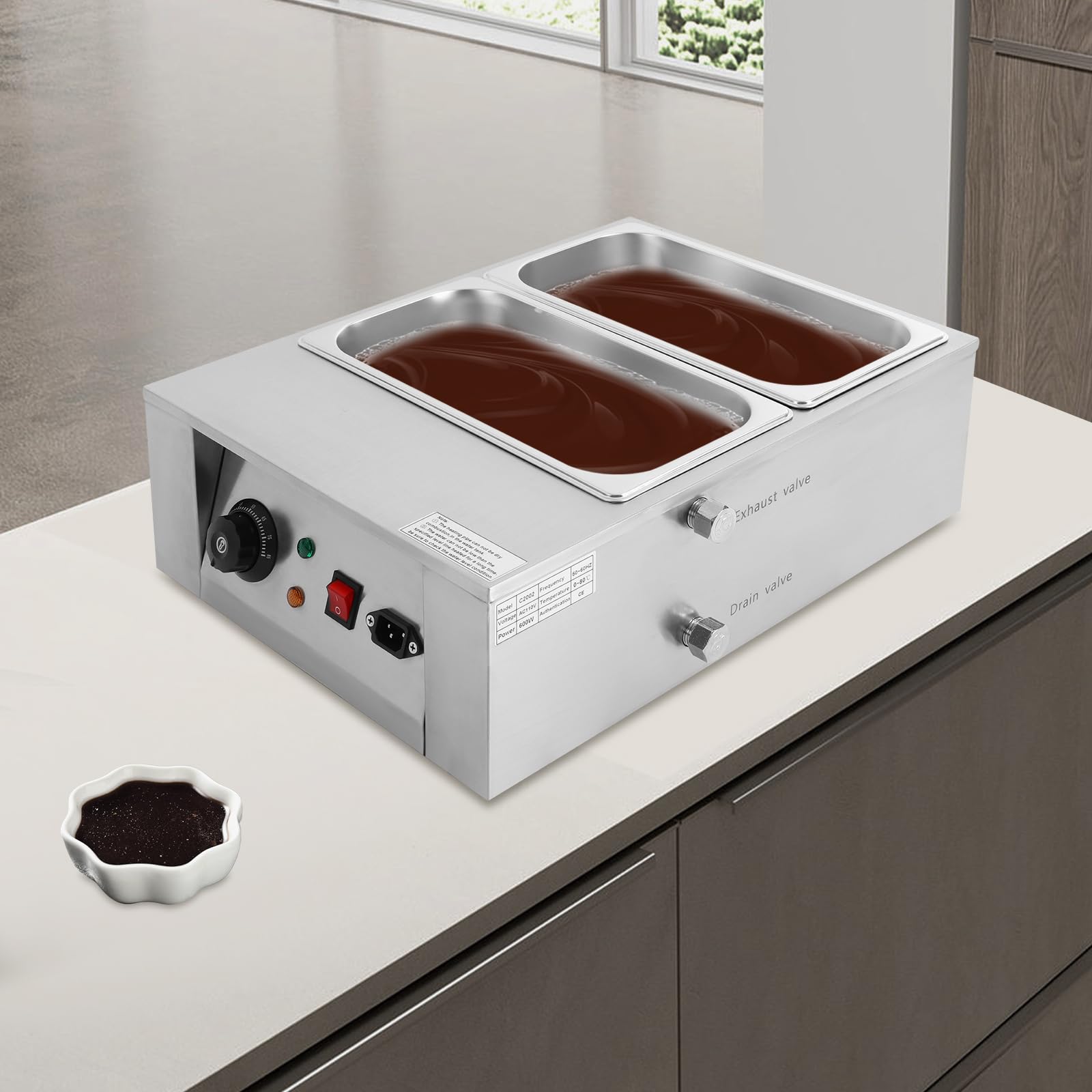 Chocolate Tempering Machine, 2 Tanks Chocolate Melting Pot with Manual Control, 600W Stainless Steel Electric Commercial Food Warmer For Chocolate/Milk/Cream Melting and Heating, 17.64Lbs
