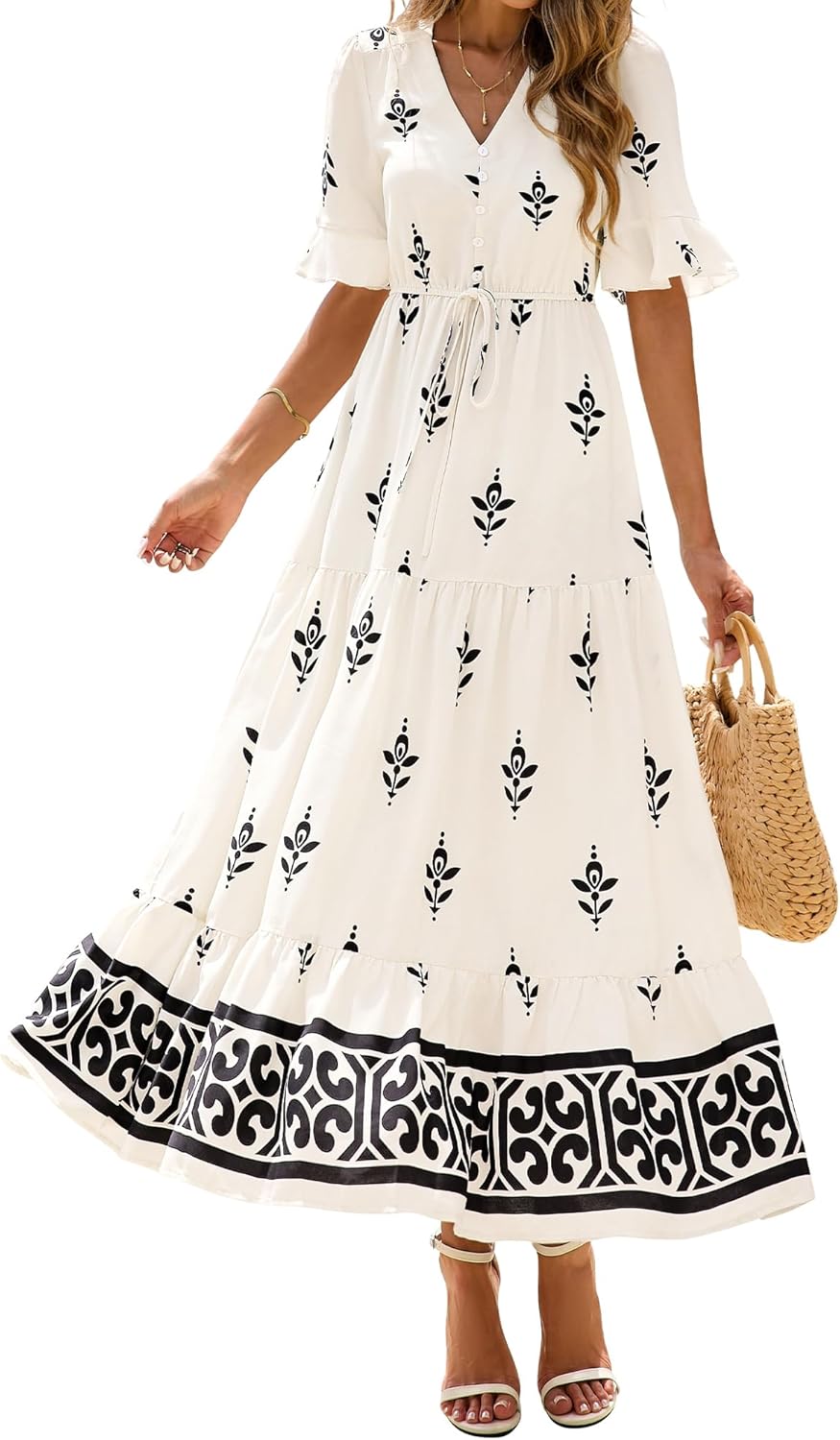 BTFBM Boho Dresses for Women 2026 Summer Spring Casual Floral Short Sleeve V Neck Flowy A-Line Maxi Party Dress Pockets - Image 5