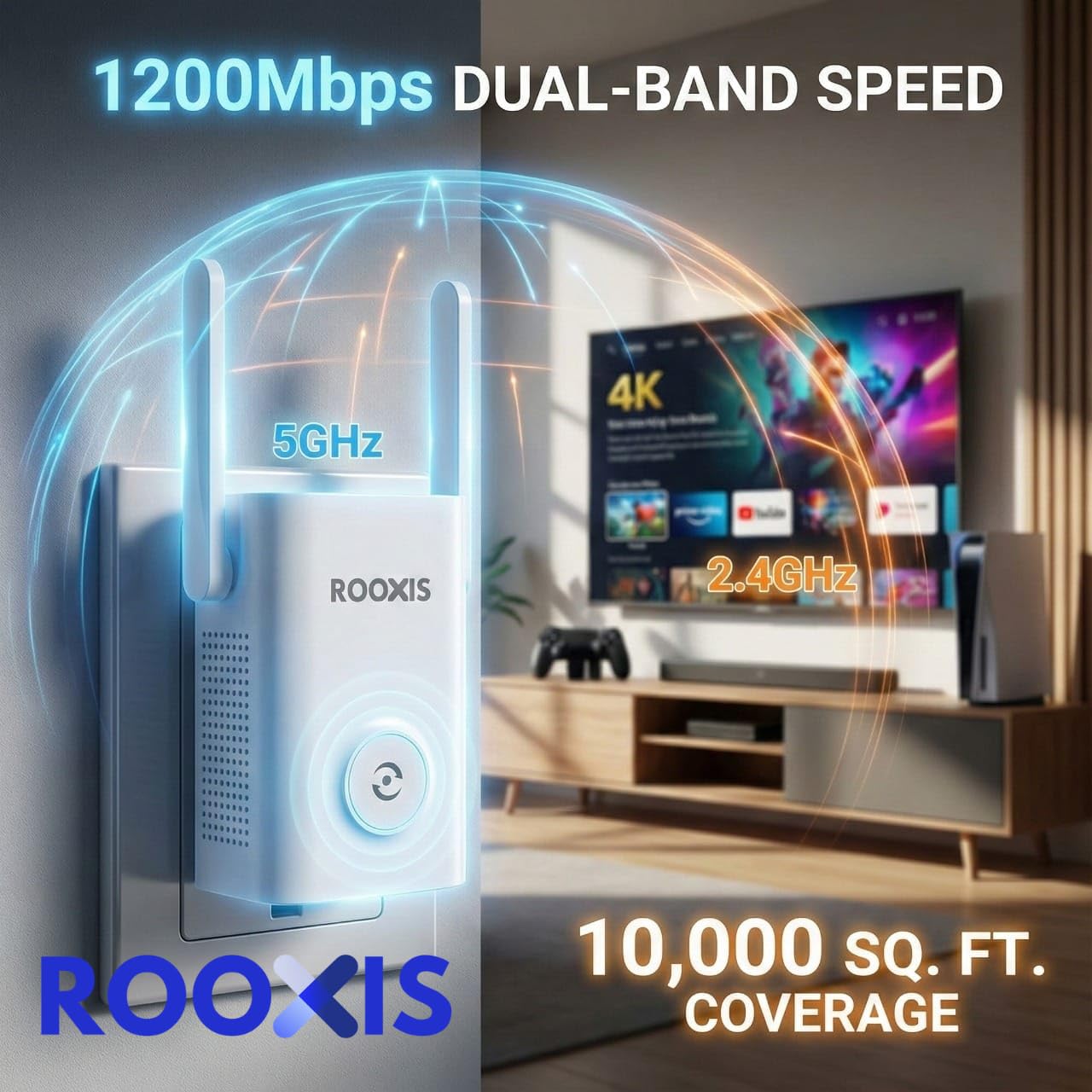 Amplificador de señal WiFi para el hogar, doble banda AC1200, extiende el rango WiFi hasta 10000 pies cuadrados, repetidor WiFi con puerto Ethernet, soporta más de 50 dispositivos, fácil