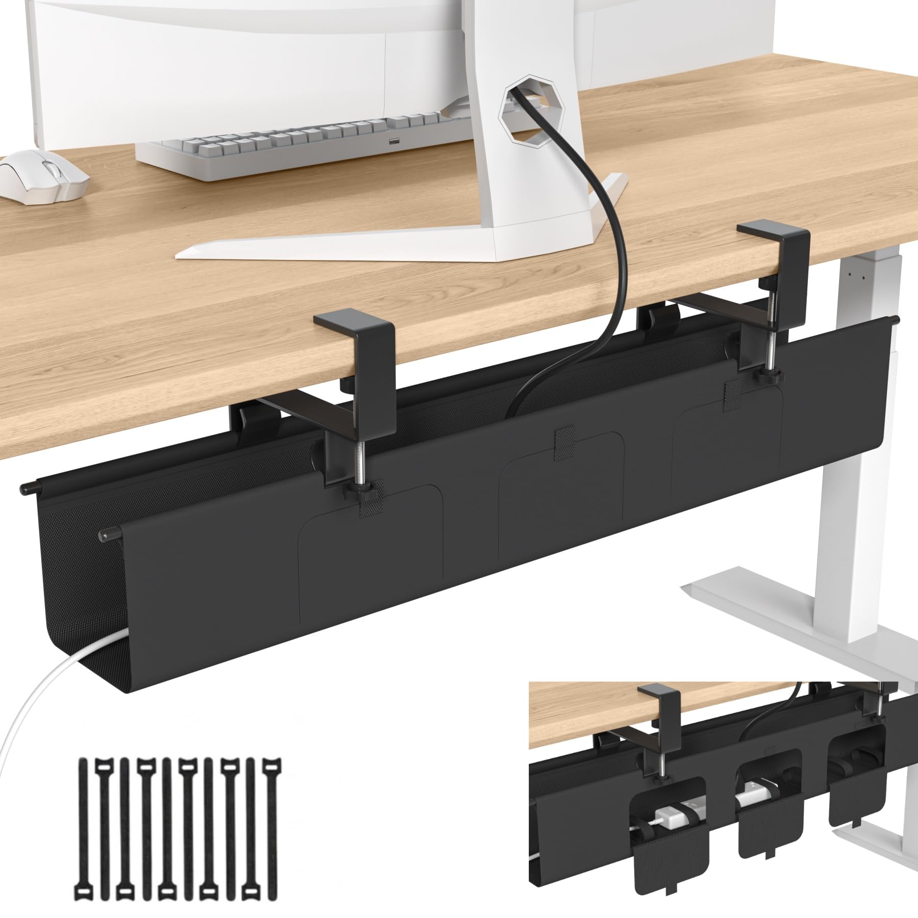 Nyoria Under Desk Cable Management Tray, 36” Fabric No Drill Clamp Mount