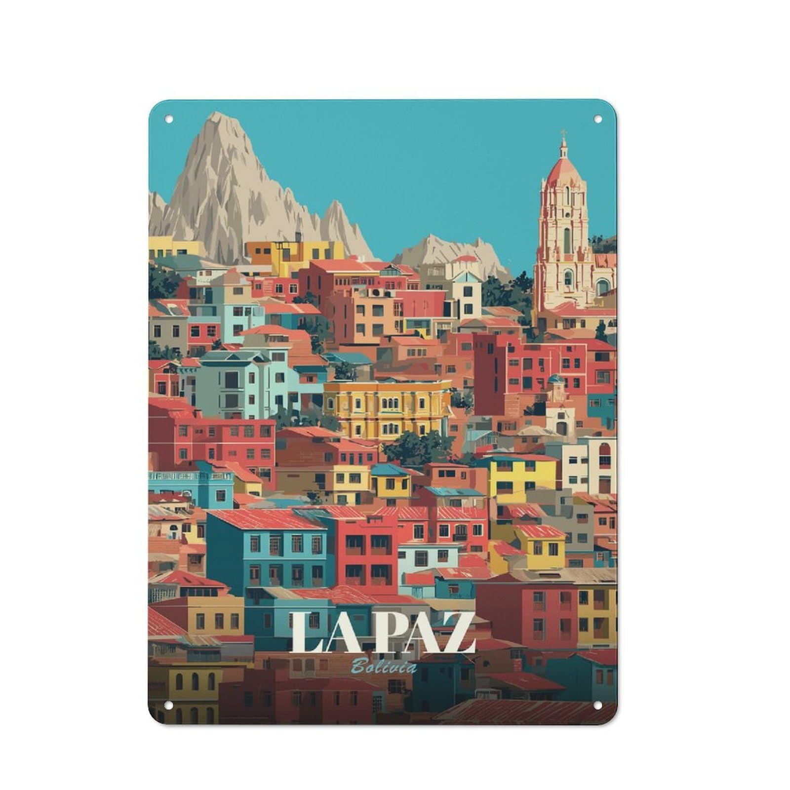 Junmoney Style-16 La Paz, Bolivia Cityscape Art Decorative Tin Sign 40X30cm, Distressed Look Vintage Wall Decor For Lounge, Study, Pub Or Wall Gallery