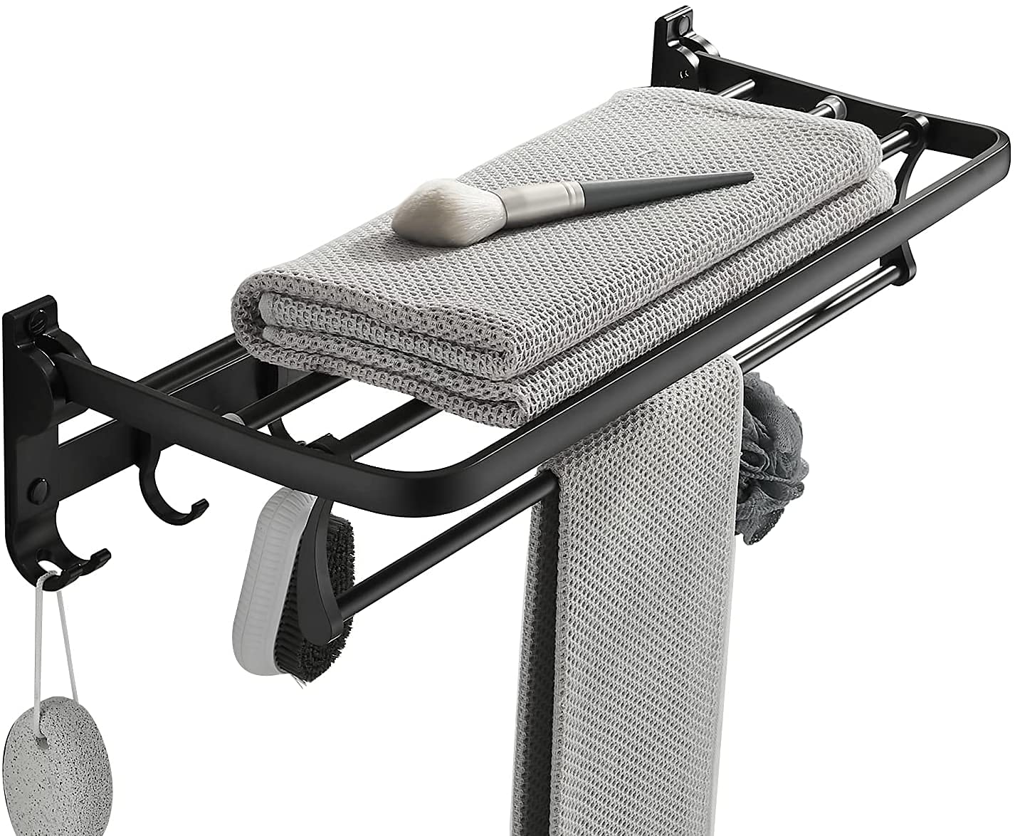 Jorunb Towel Racks for Bathroom, Multifunctional Foldable Towel Shelf with 5 Adjustable Hooks,Towel Rack with Towel Bar 24 Inch 304 Stainless Steel Matte Black Bathroom Storage Organizer