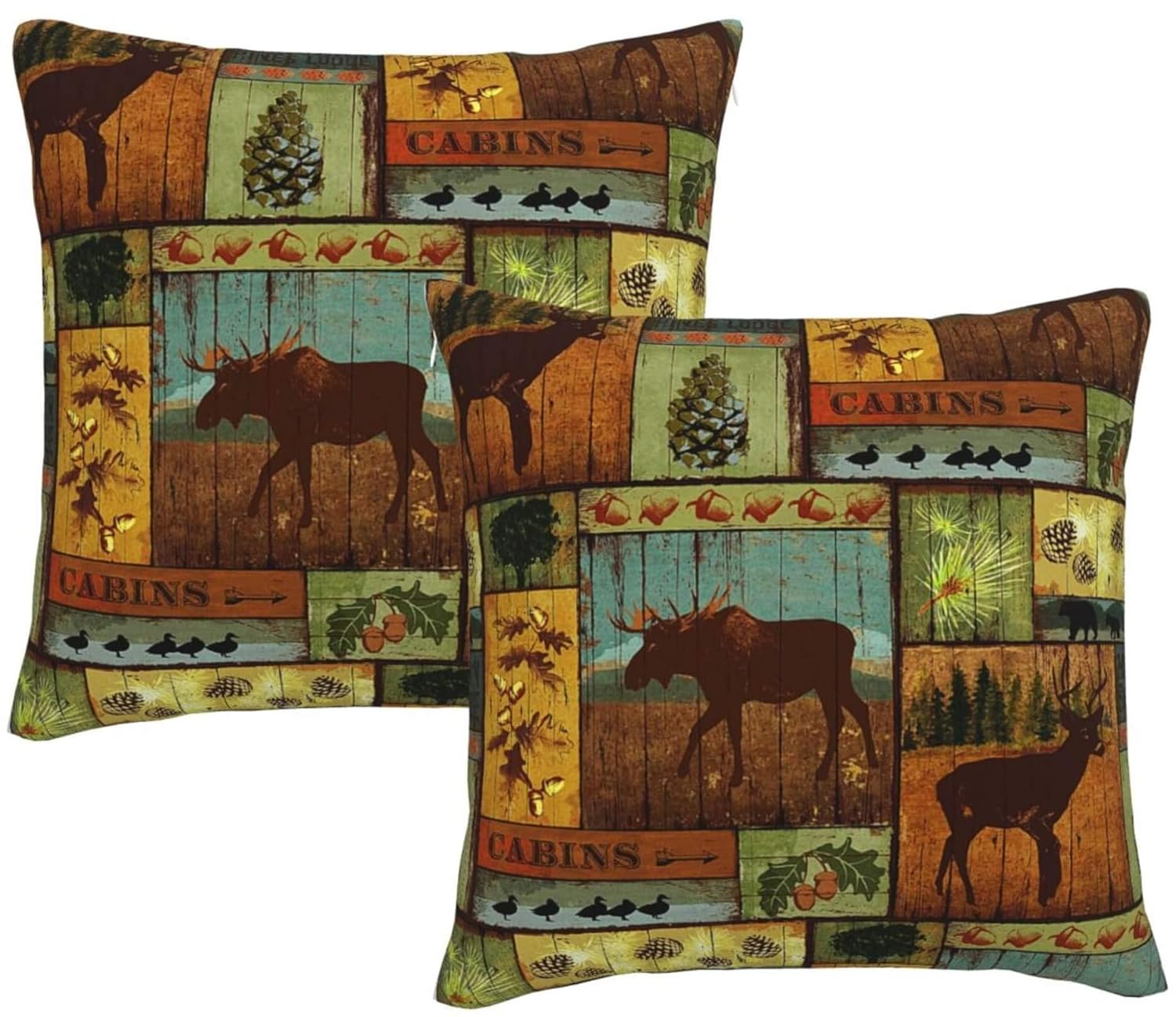 DATANSEN Set of 2 Square 18x18 inch Retro Brown Throw Pillow Covers Rustic Lodge Moose Deer Decorative Throw