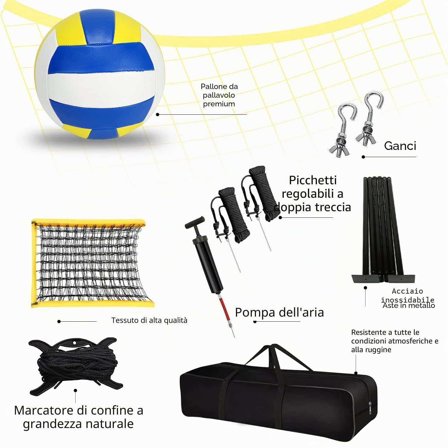 Set di Rete da Pallavolo 9,5 m x 1 m Pieghevole con Pali in Acciaio, Marcatura sul Campo, Linee e Borsa per il Trasporto - Altezza Regolabile