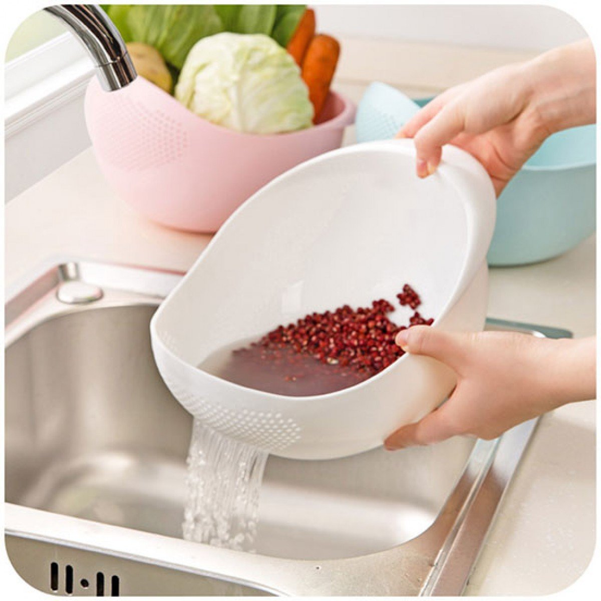 Home Creations Wash Rice Fresh Plastic Colorful Rinse Fruit Vegetables Basin Stainer & Sieve Bowl Drainer Kitchen Basket Good Quality (Assorted Color) 3
