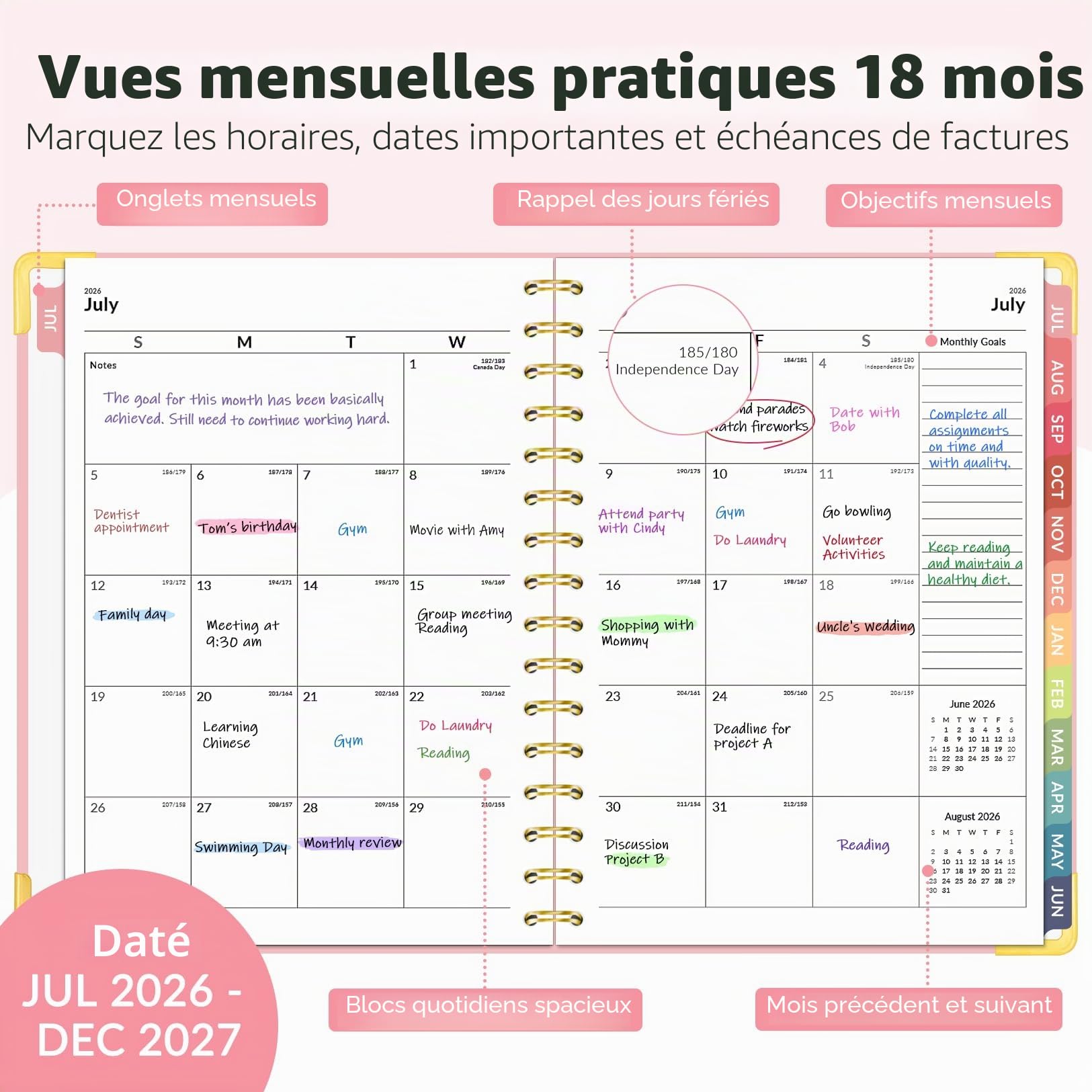 Forvencer Agenda scolaire 18 mois 2026-2027 de juillet 2026 à décembre 2027, 16 x 21,3 cm, calendrier hebdomadaire et mensuel, agenda quotidien, fournitures scolaires pour étudiant et enseignant
