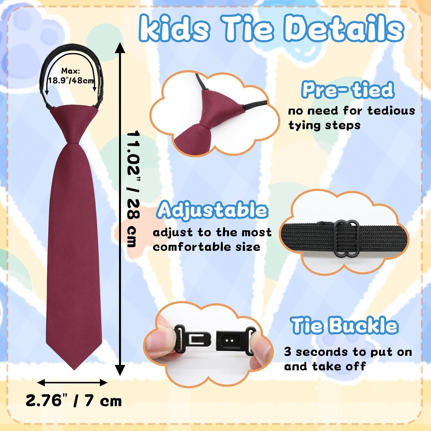 Boys Tie Pre-tied Kids Tie, Adjustable Ties for Boys, Solid Color Toddler Tie for School Uniforms Party Graduation - Image 4