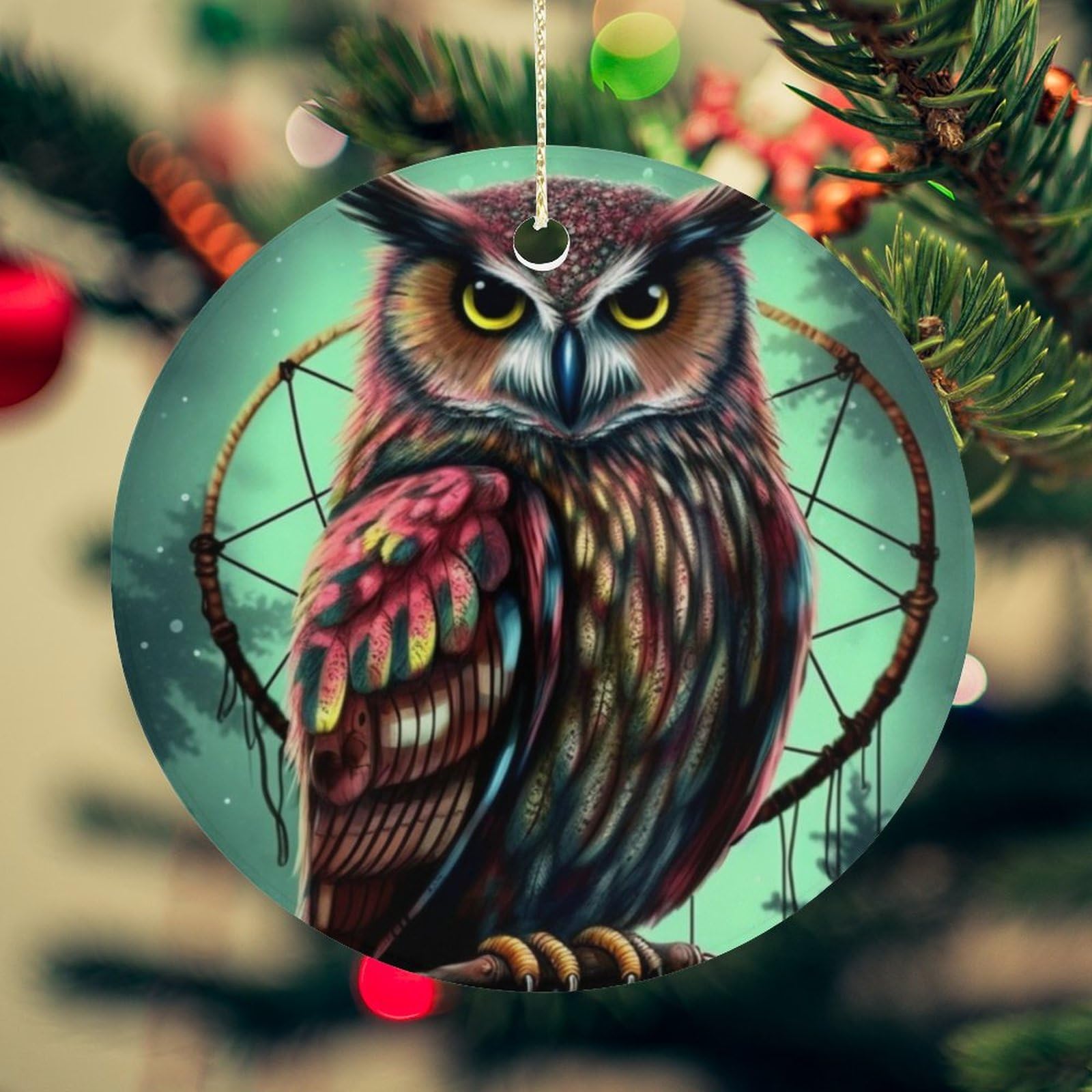 Owl Christmas Ornament for Christmas Tree Ceramic Round Ornament Winter Holiday Keepsake Gift 2.7" Christmas Tree Hanging Decorations Circle Ceramic Pendant Xmas Gift