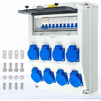 Warmfay Construction Power Distribution Pre-Wired Power Distribution 8 x 230 V Schuko Sockets Wall Distributor with 1 x FI Switch 63 A + 8 x LS Switch 16 A 1P IP65 Waterproof Housing for Indoor and