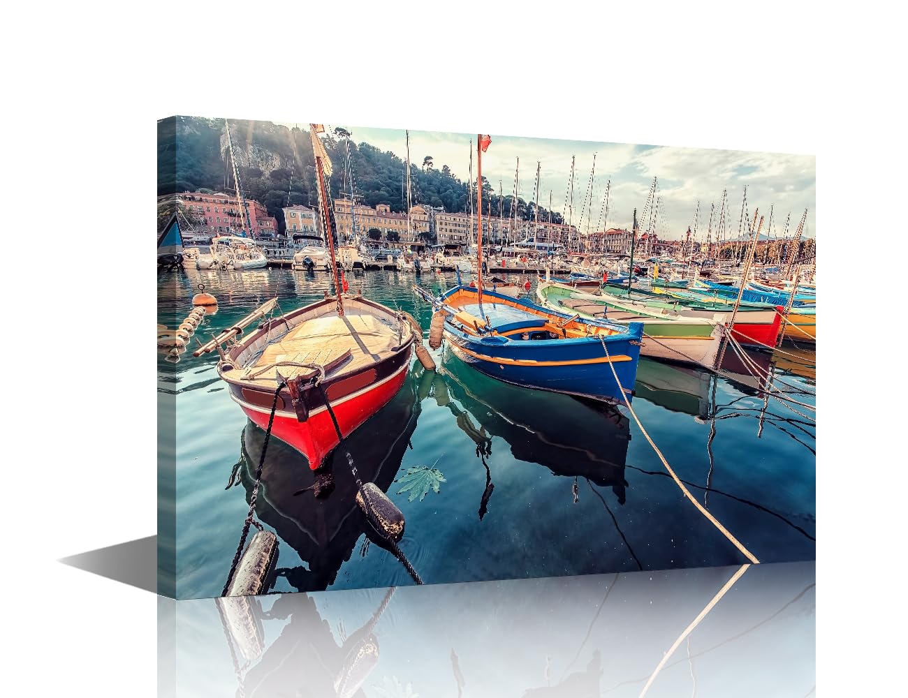 TISHIRON 1 Panels Canvas Prints Landscape of the Harbor Wall Art Modern Home Decor Colorful Boat View of the Harbor Poster Living Room Artwork Painting Framed Ready to Hang 12" Wx18 H