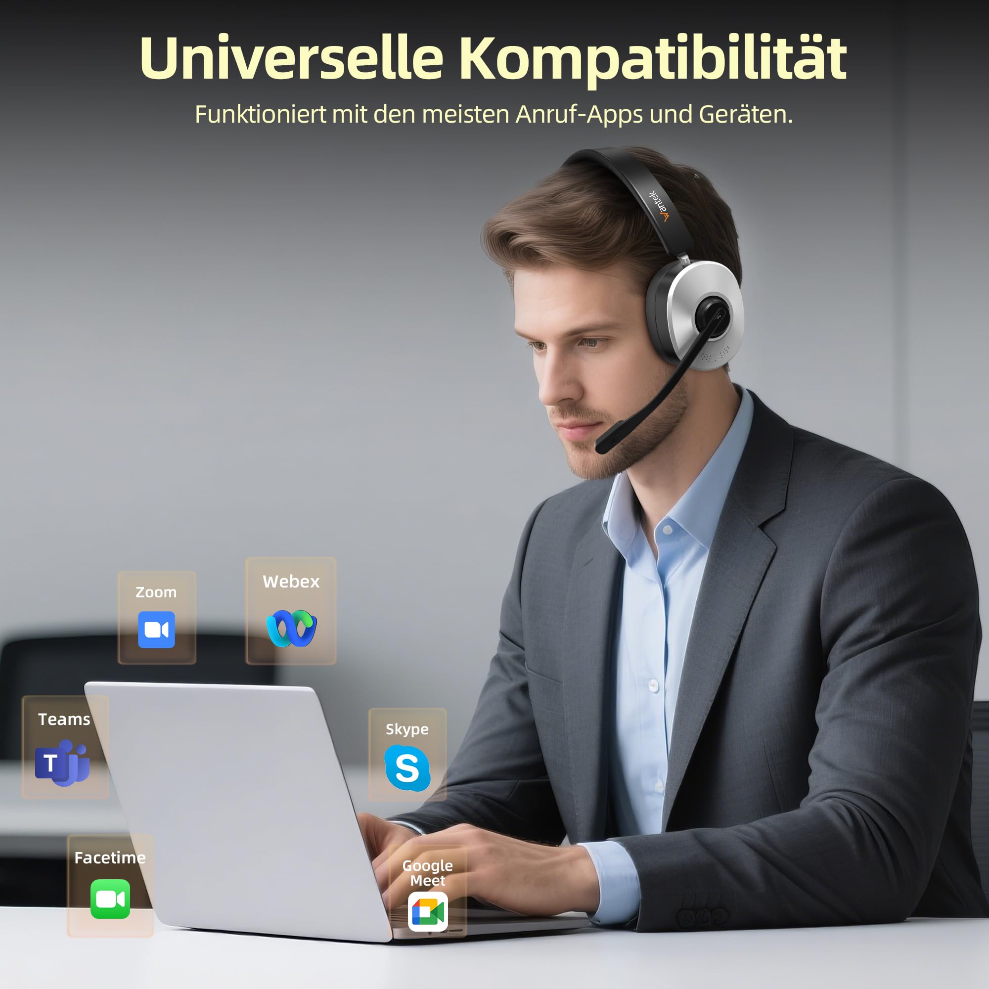 Wantek Casque Bluetooth sans Fil avec Micro, Casque sans Fil avec Station de Charge, Dongle USB, Casque Bluetooth avec Microphone pour PC Bureau Zoom Skype Ordinateur Portable Centre d'appel équipes