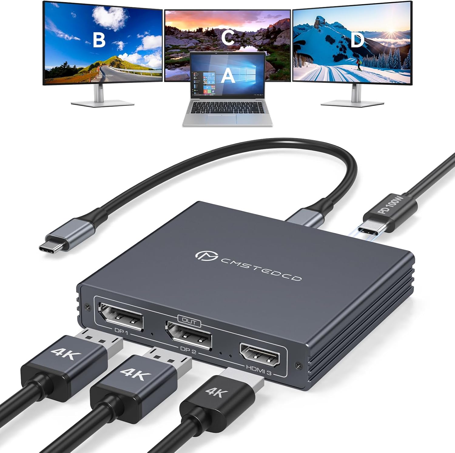 USB C to HDMI + 2 Displayport Adapter 3 Monitors 4K60Hz DP HDMI Splitter 1 in 3 Out for Extended Display with PD 100W Charging, Plug & Play, Compatible with Laptop,PC,USB-C Graphics Card