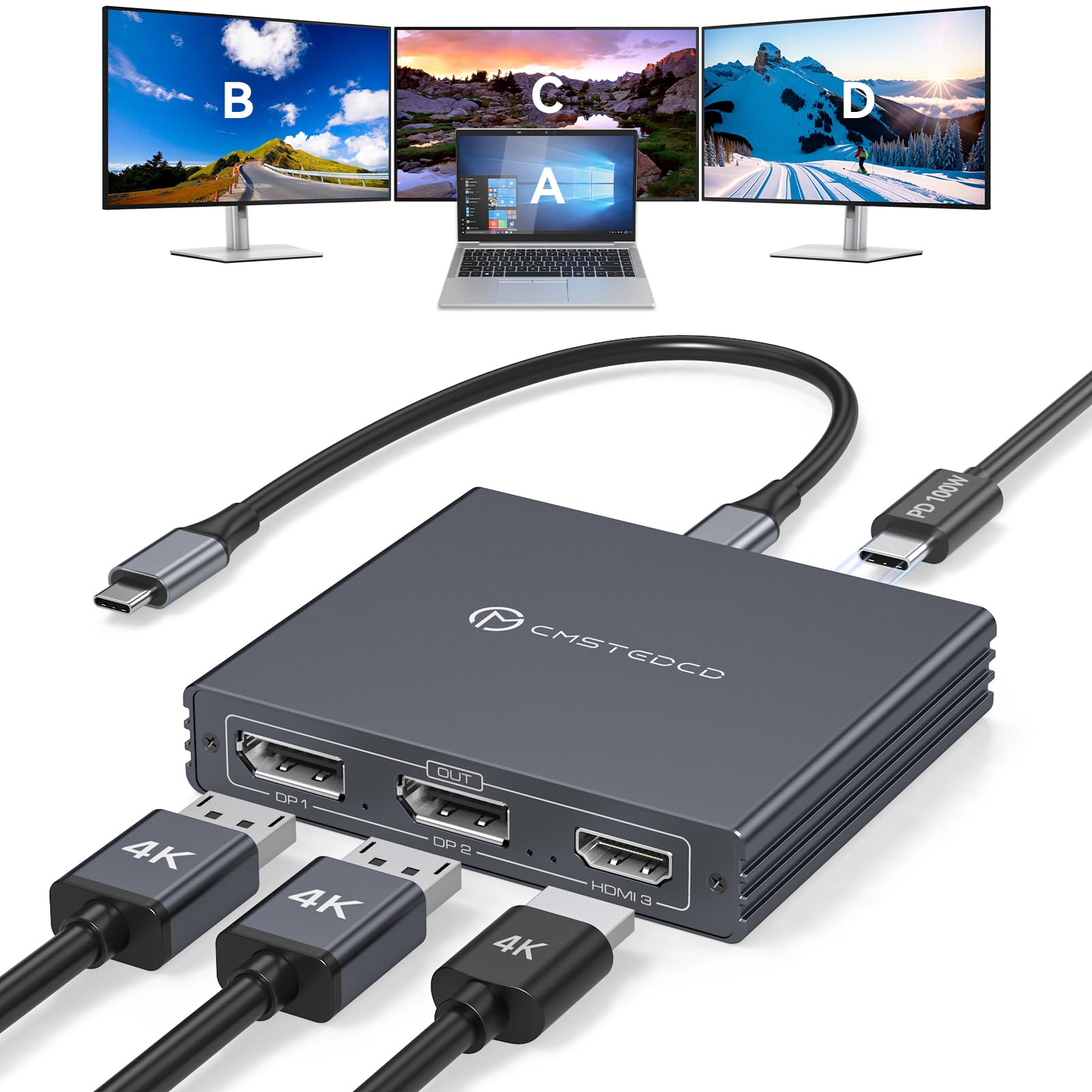 Adaptateur USB C vers HDMI + 2 Displayport 3 moniteurs 4K60Hz DP HDMI Splitter 1 entrée 3 sorties pour affichage étendu avec charge PD 100 W, Plug & Play, compatible avec ordinateur portable, PC