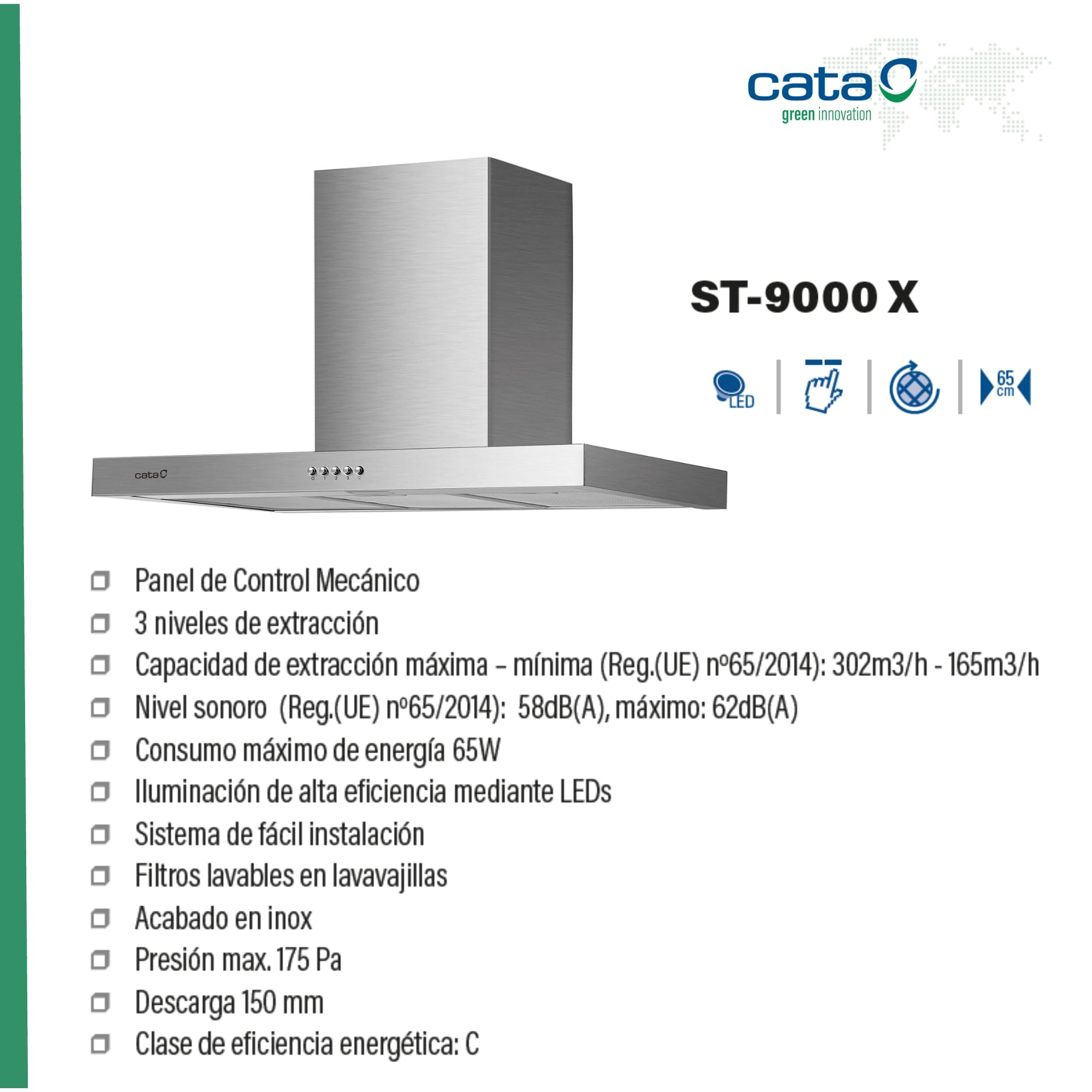 Cata Campana Decorativa Pared ST-9000 X/A con Panel de Control Mecánico 3 Niveles de Extracción Iluminación LED Consumo Máximo de Energía 65 W Ancho 89,5 cm Fácil Instalación Color Acero Inoxidable