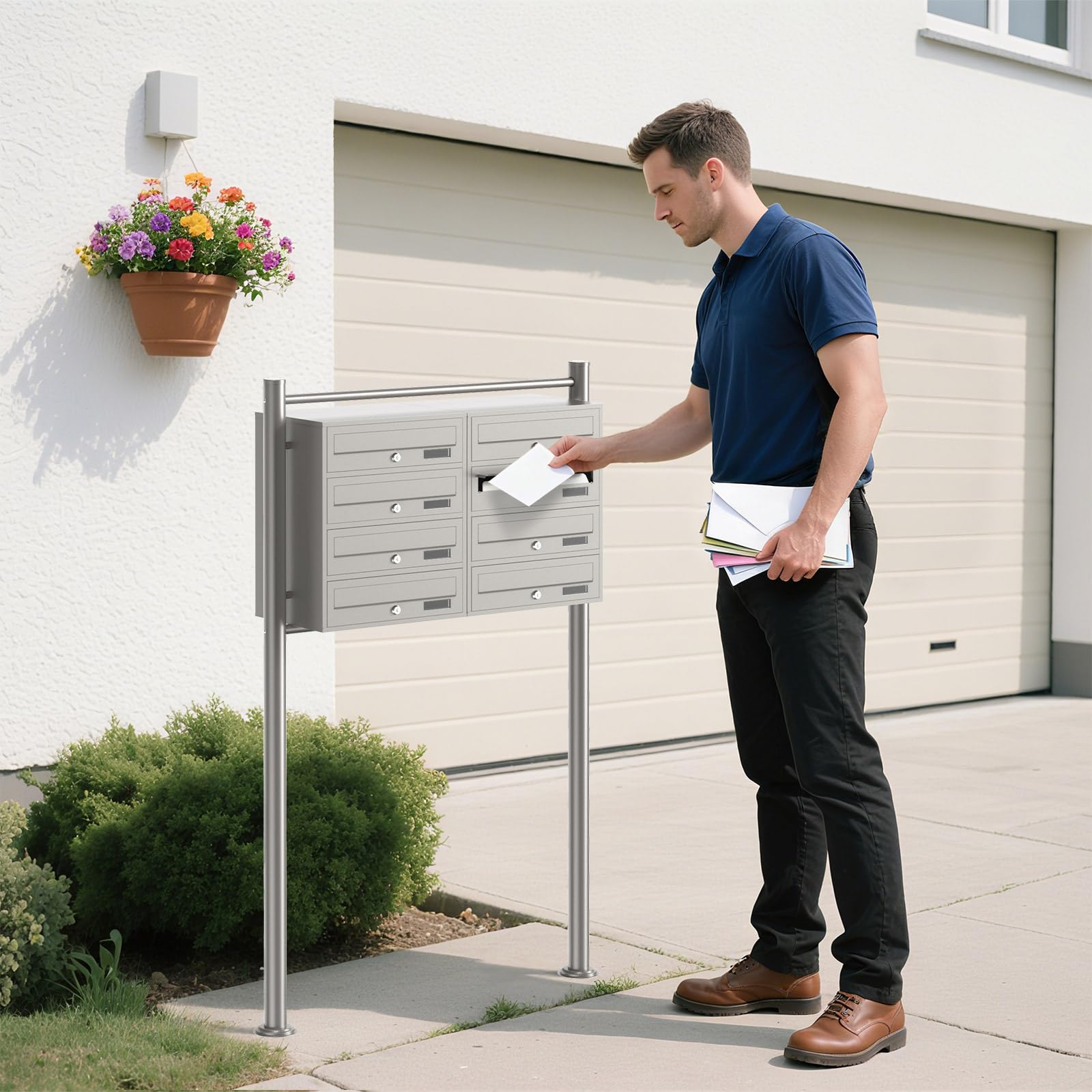 Wiltec Cassetta postale condominiale autoportante, 8 posti, acciaio inox, 945 x 270 x 1500 mm, 2 moduli