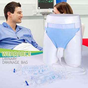 Urine Collection Bag Condom Catheters for Men Reusable Portable Wearable Urinary Drainage with (2000 ML*1+1000 ML*2) Urine Catheter Bag System (Blue-Men)