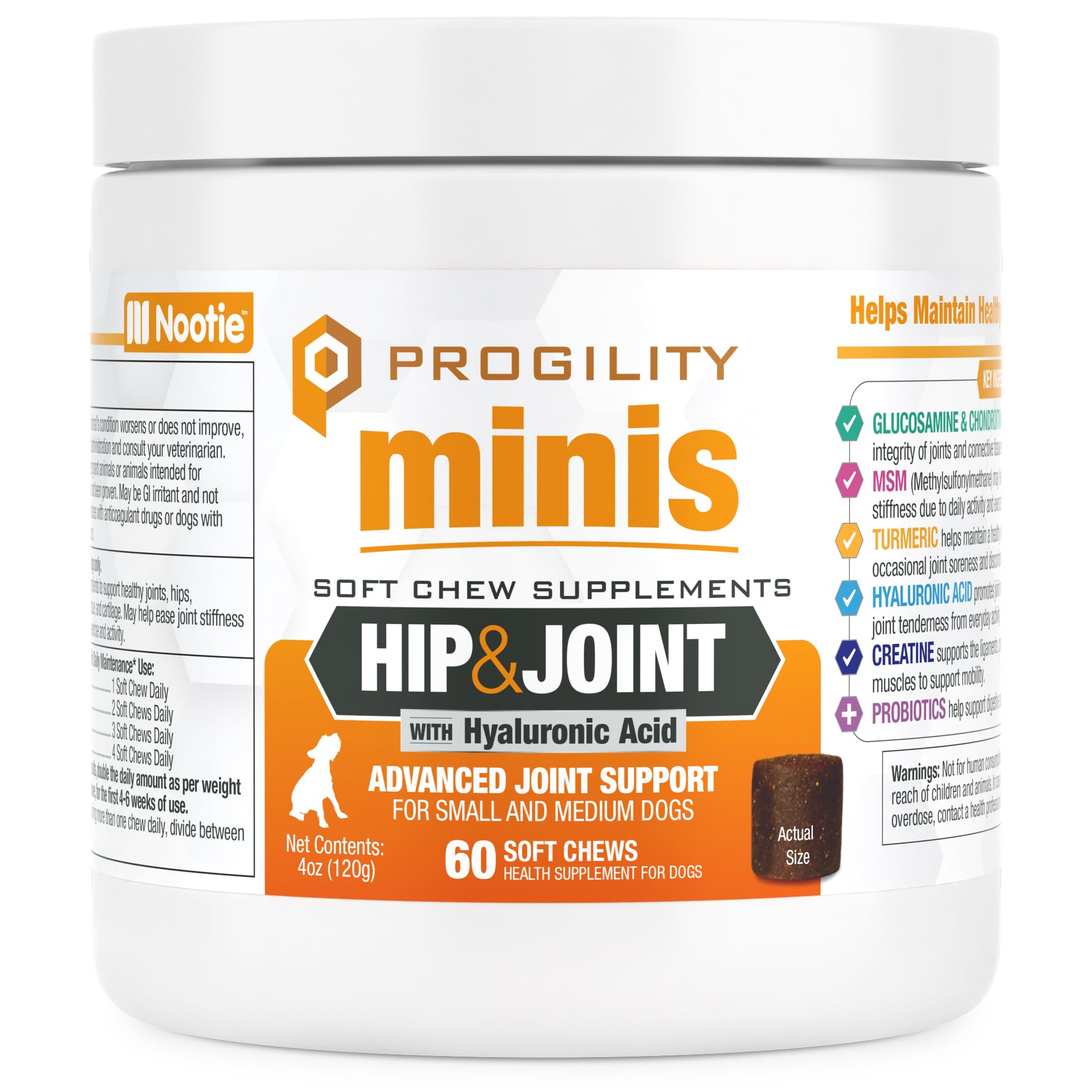 Nootie Progility Mini Hip & Joint Small & Medium Breed Chew Supplement for Dogs, 60 Count