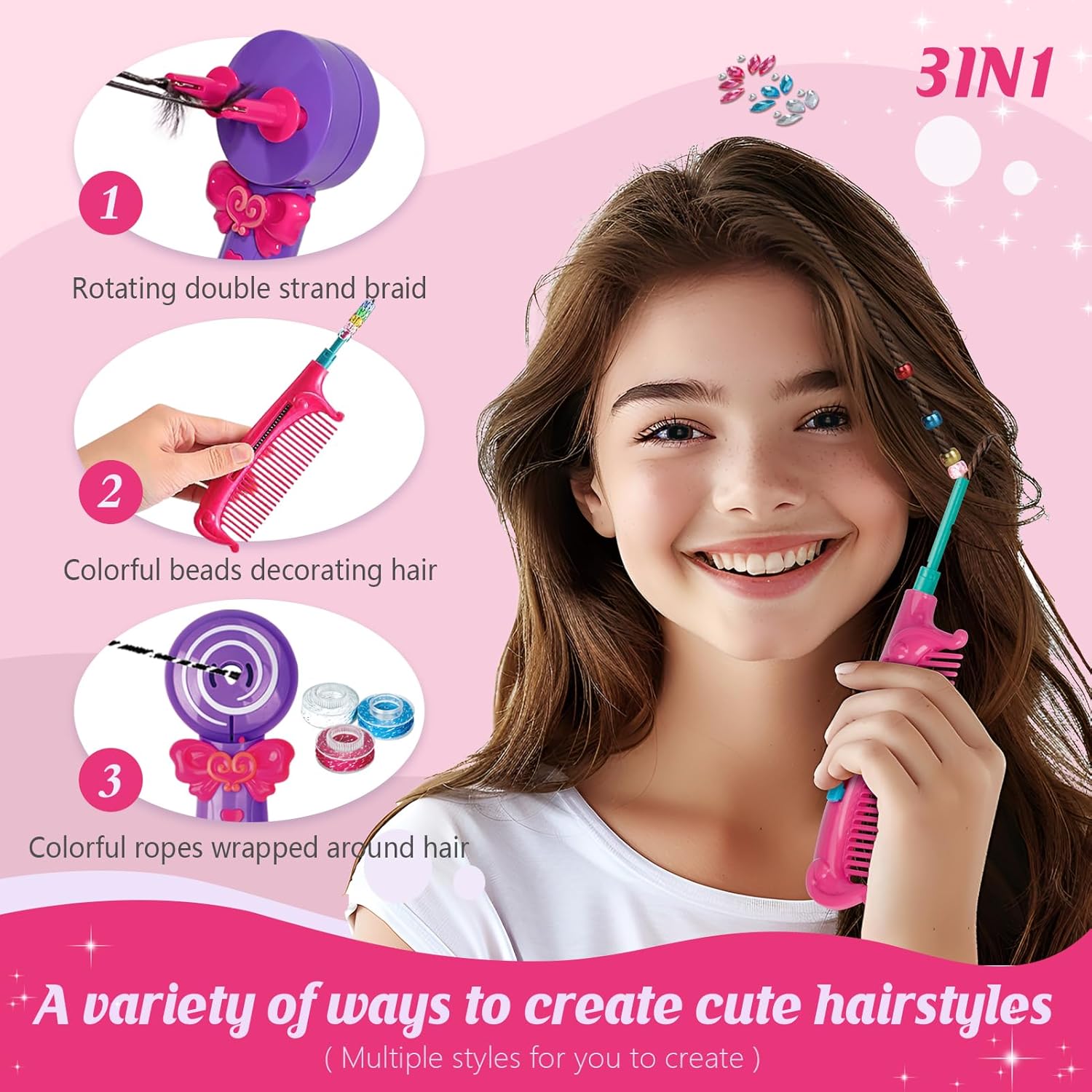 Hair Decoration Twister Kit for Girls, Automatic Styling Tool with 3 Modes, DIY Beads & Thread Accessories, Fun Non-Braiding Hair Decorator Toy, Gift for Girls Ages 3-12