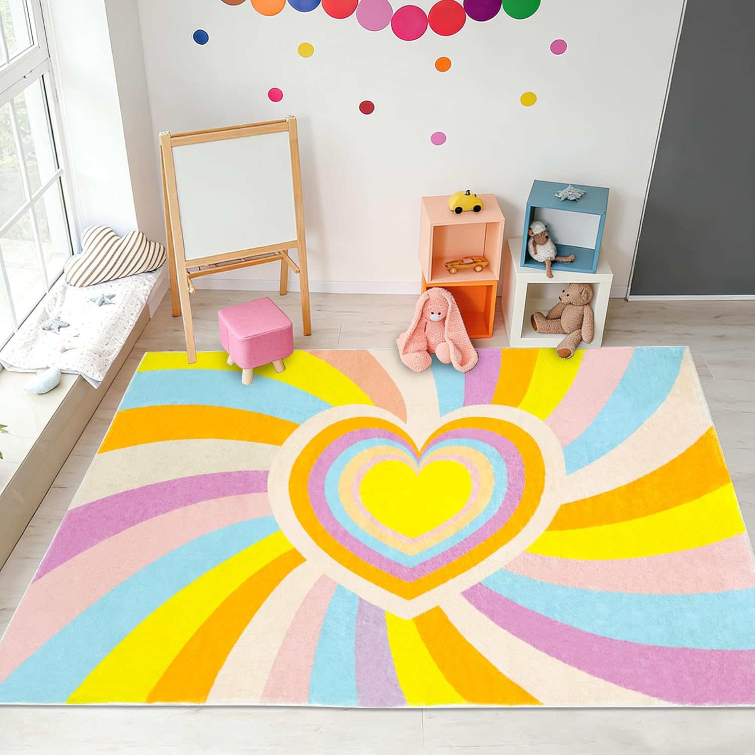 Kids Rug 4x6Ft Rainbow Heart Bedroom Carpet Modern Nursery Play Mat for Boys Girls Children Playroom Colorful Living Room Dorm Classroom Rug, Boho, Nonslip, Washable, Soft, Yellow