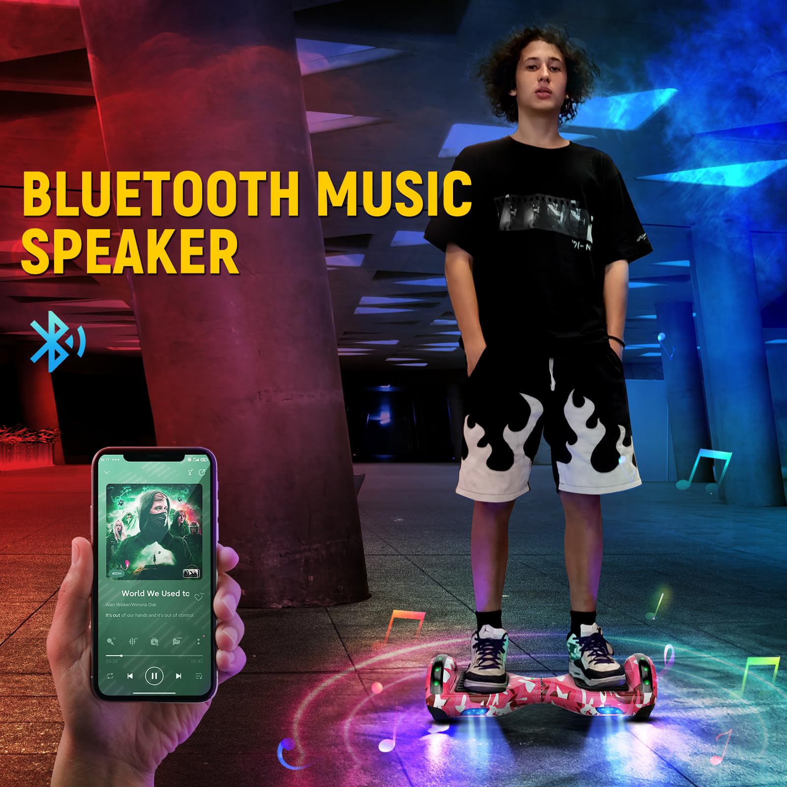 Offroad Hoverboard mit Bluetooth-Lautsprechern LED-Licht, Rutschfeste Fußpolster,6.5 Zoll Reifen Leistungsstarke große Batterie Hoverboard