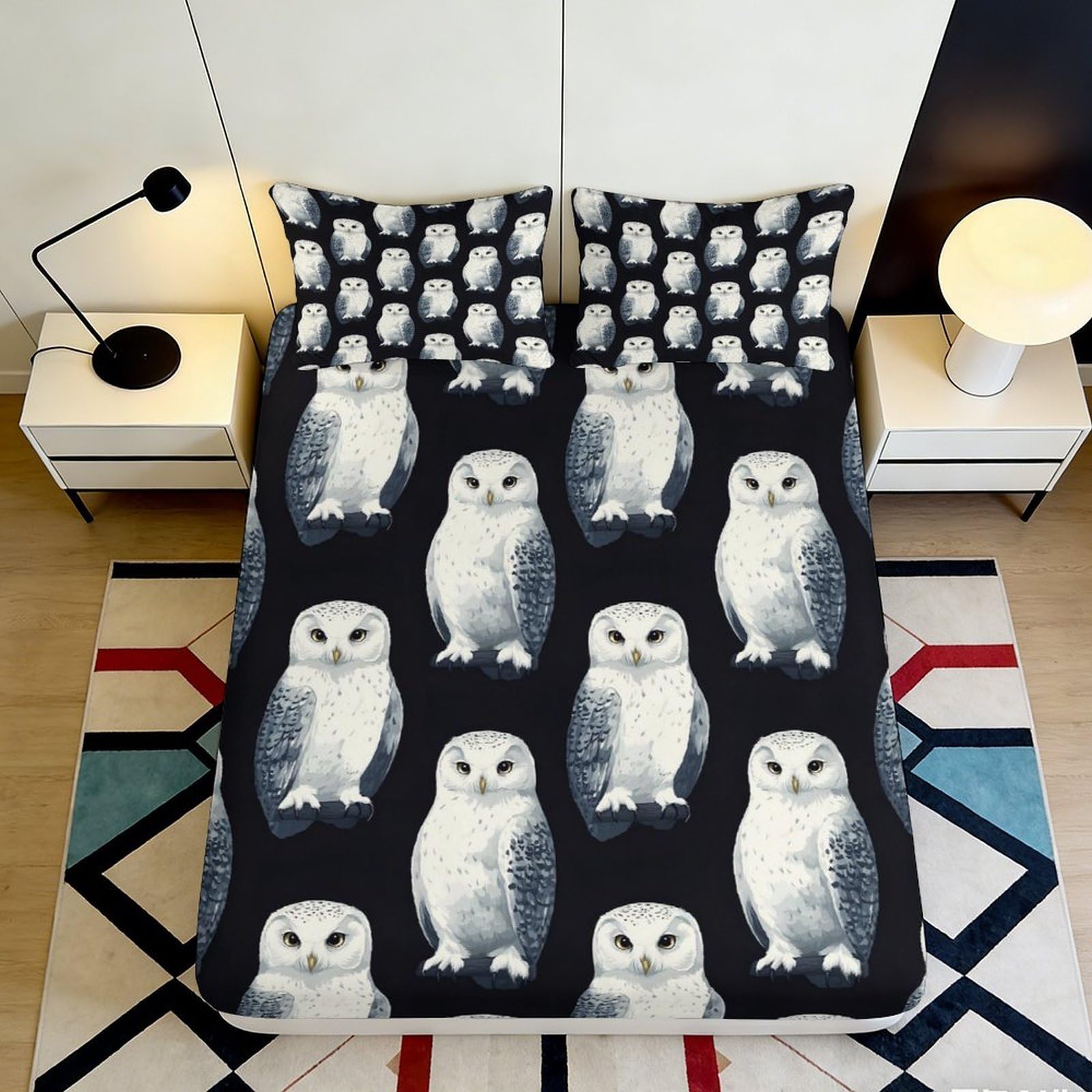 3D Printed Owl Fitted Sheet Microfiber Deep Pocket Non-Slip Bedroom Bedding Owl Mattress Fitted Cover for Adults Teens 90x200x25cm 90x200x25cm