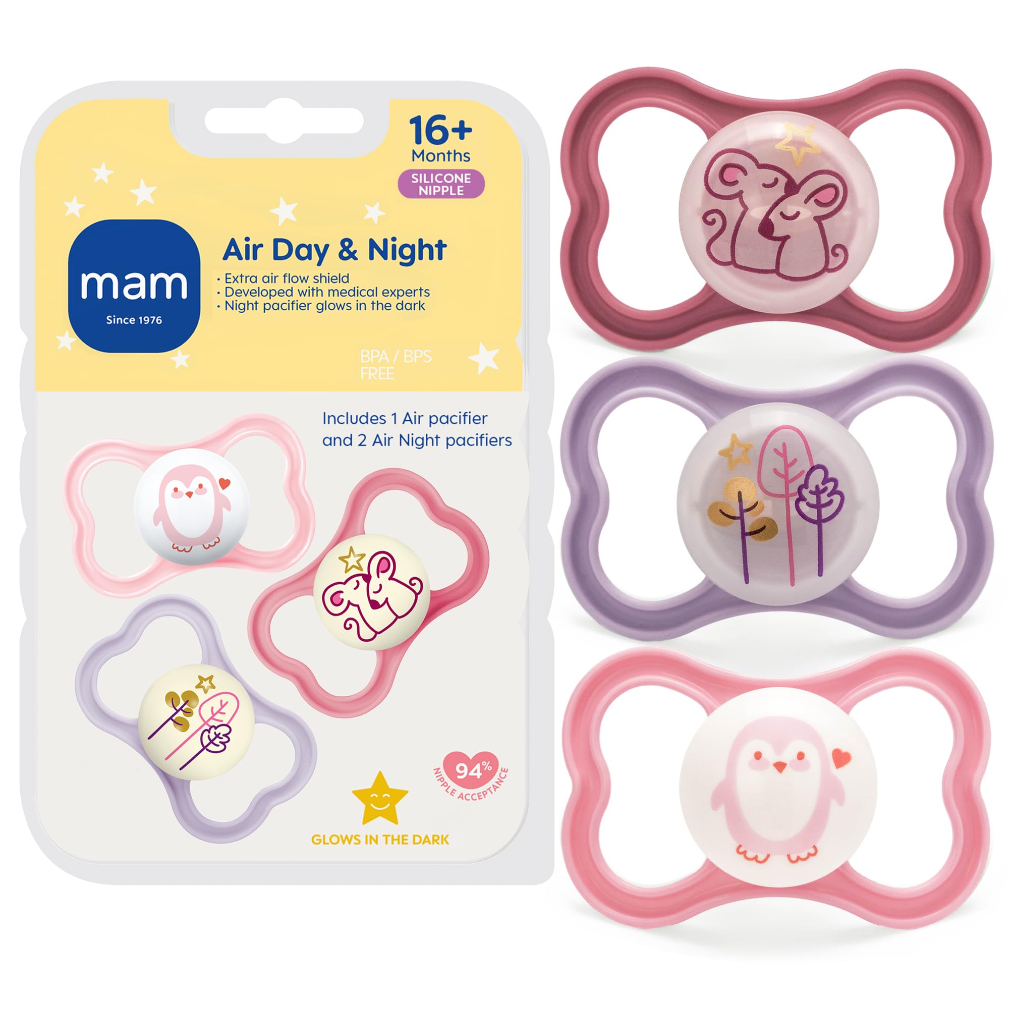 MAM Schnuller für empfindliche Haut, ab 16 Monaten, beste Schnuller für stillende Babys, Air Night & Day Design-Kollektion, Mädchen, 3 Stück
