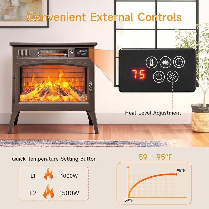 Chimenea Eléctrica Freestanding 24" con Efecto Llama 3D y 6 Colores, 1500W miniatura 6