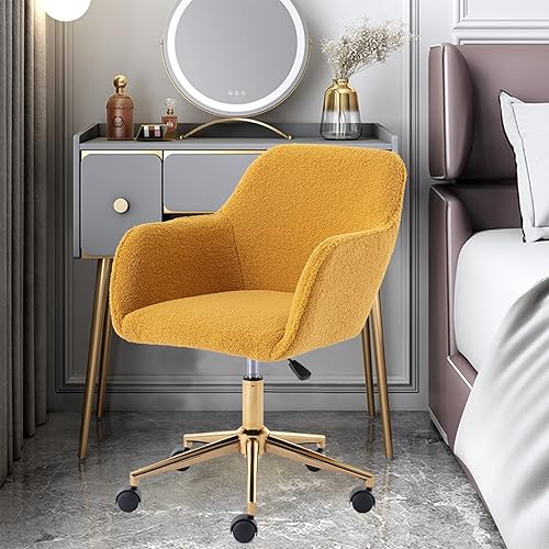 Miniatura 19 de SSLine Silla de escritorio de piel sintética, moderna y bonita silla de oficina, cómoda silla giratoria de tela de peluche mullida con ruedas
