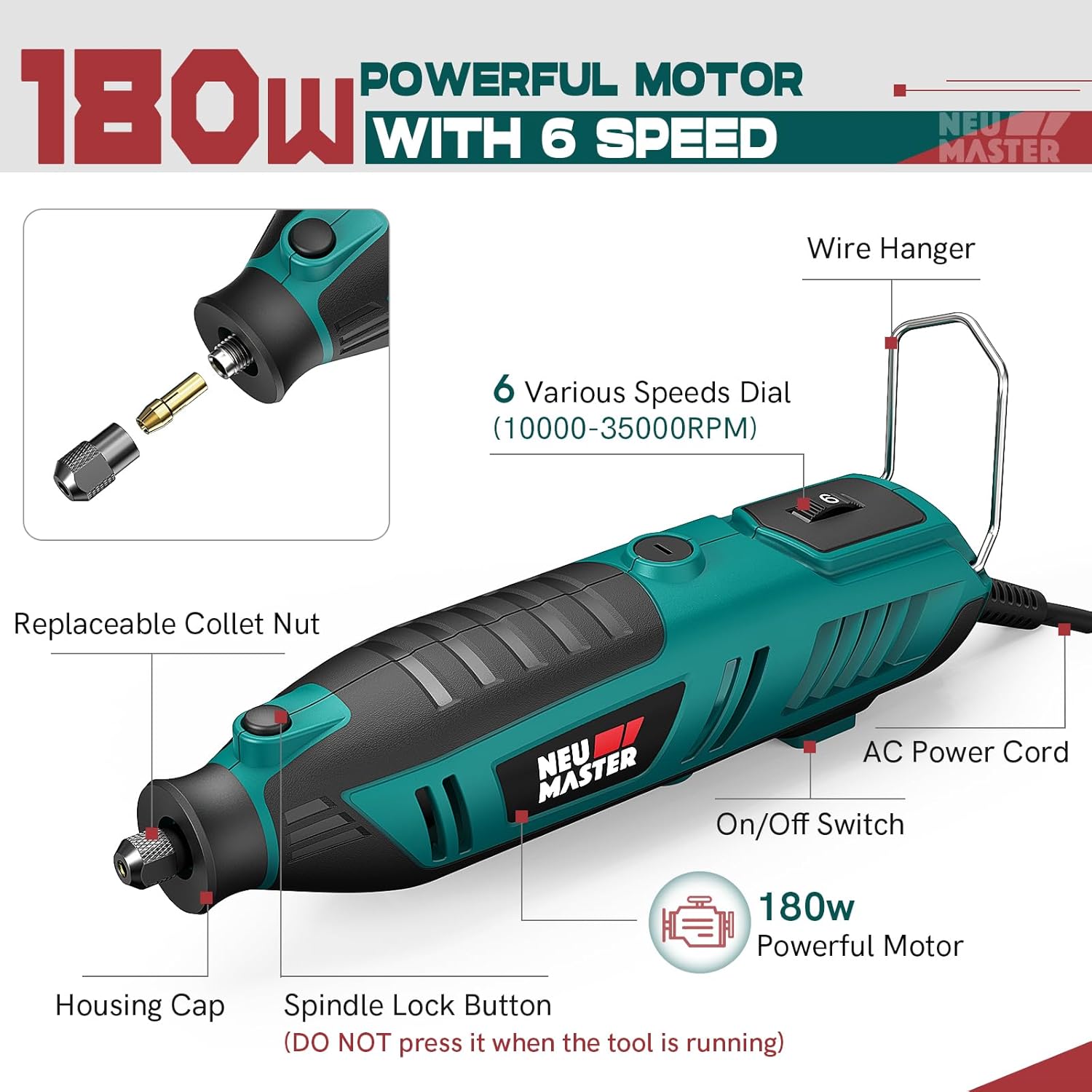 NEU MASTER 180W Rotary Tool Kit, Corded Power Rotary Tools with 160 Accessories and 6 Variable Speed, 10000-35000RPM Electric Drill Set for Handmade Crafting Projects and DIY Creations