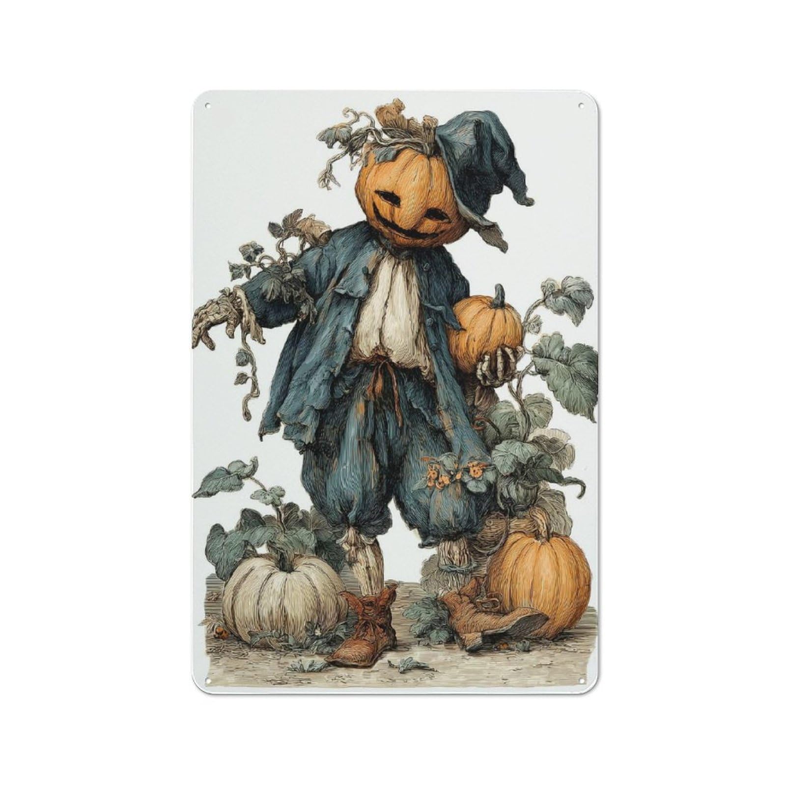 Junmoney Vintage Halloween Pumpkin Scarecrow Illustrat Metal Wall Sign 30X20cm Featuring Ion For Bar Or Restaurant, For Restaurant Interior Fans
