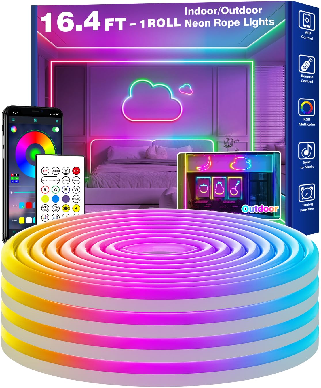 RCUICA Smart LED Strip Light 5M with App & Remote Control, Music Sync RGB Lights, 16 Million Colors, Flexible SMD Rope Light for Gaming Room, Bedroom, TV Backlight, Home Decor, Party Decoration