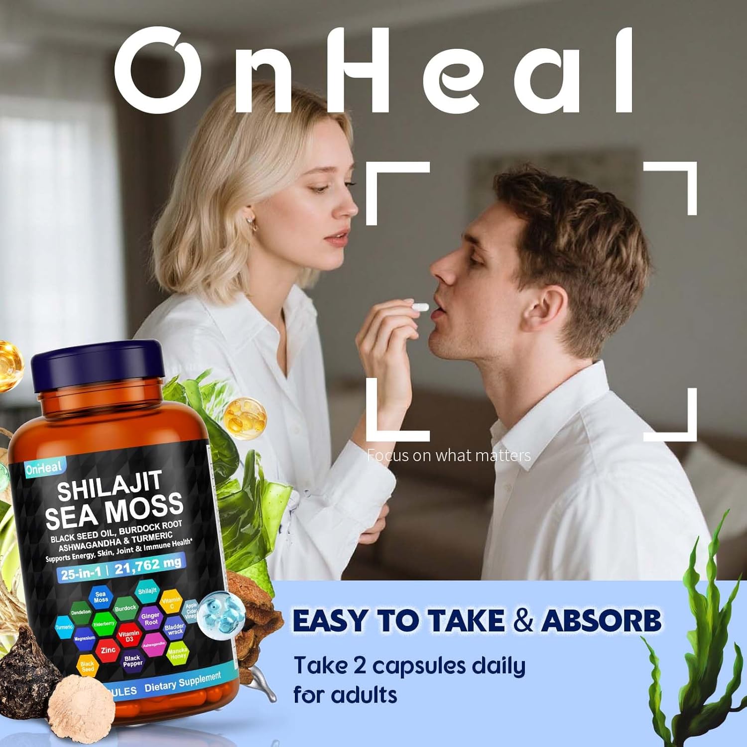 25-in-1 Sea Moss Black Seed Oil Ashwagandha Ginger Shilajit Supplement, with Burdock Root, Rhodiola Rosea, Vitamins C & D3, Shilajit Capsules for Men & Women - Boosts Energy, Skin, Joints & Immunity - Image 5