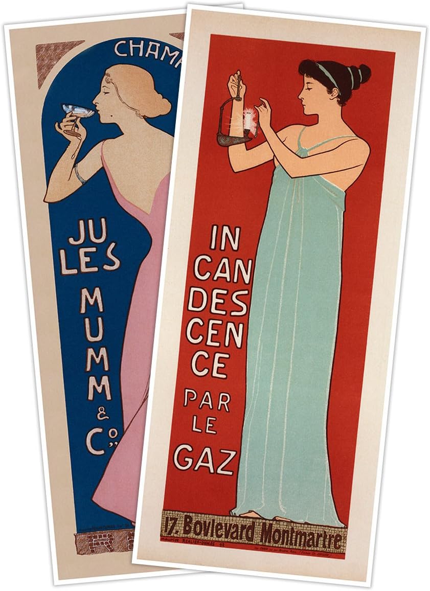 Set of Two (2) Art Prints - Champagne Jules Mumm & Incandescence par le GAZ by Maurice Réalier-Dumas Circa 1896 - Both Measure 24" high x 10" Wide (610mm high x 254mm Wide)