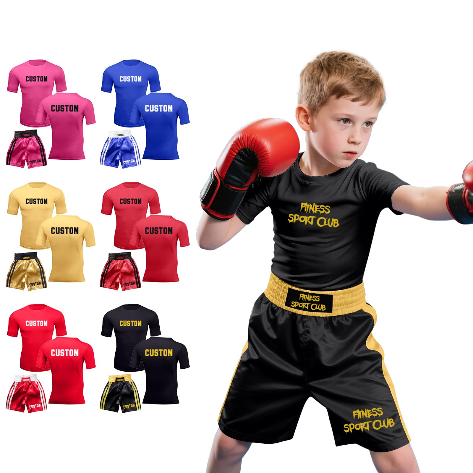 Personalised Boxing Shorts and Short Sleeve Set Pro Training Sparring Fight Boxing Set with Custom Text for Kids, Adults, Men, Muay, Thai, MMA (Child)